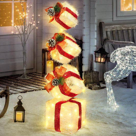 COVFEVER Christmas Lighted Gift Boxes Decorations Set of 4, 3.6Ft Stackable Christmas Nesting Boxes Battery Operated for Home and Party Decoration (10"-8"-6"-5", Red Bow)