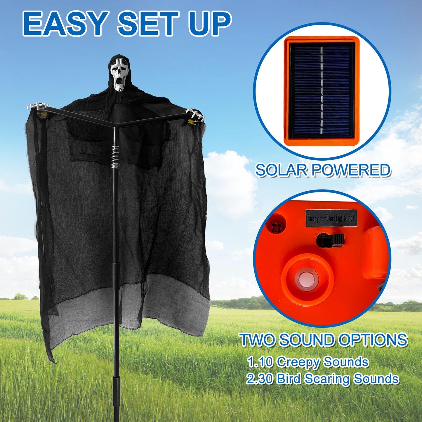 Flerigh Ghost Scarecrow Outdoor Bird Control with Glowing Eyes and Sounds, 2-in-1 Garden Scarecrow Halloween Decoys to Scarer Birds Away for Farm, Chicken Coop, House Protection