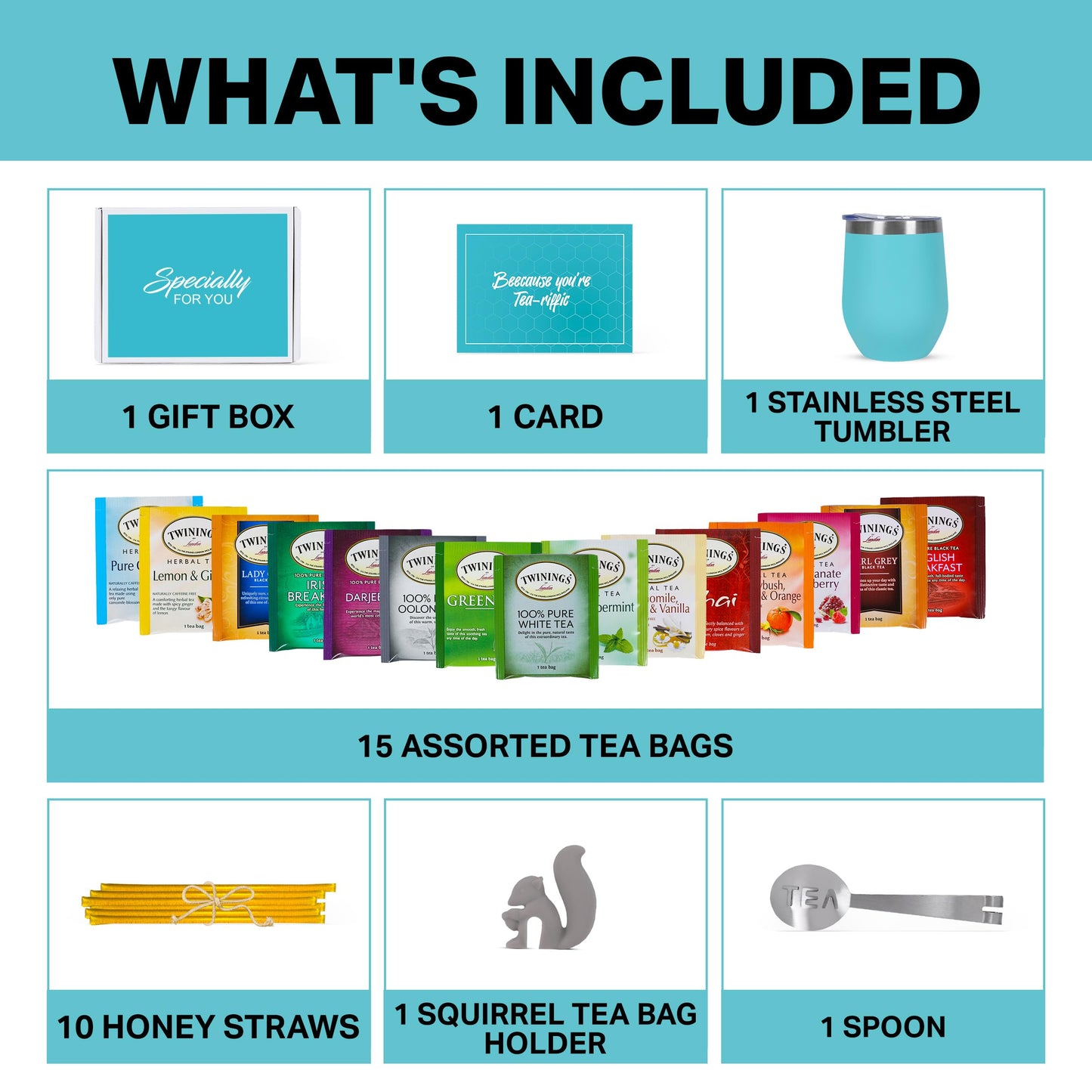 Tea Gifts for Women – Sampler Gift Basket with 15 Unique Blends, Honey Sticks, Stainless Tumbler & Gift-Ready Box (Teal)