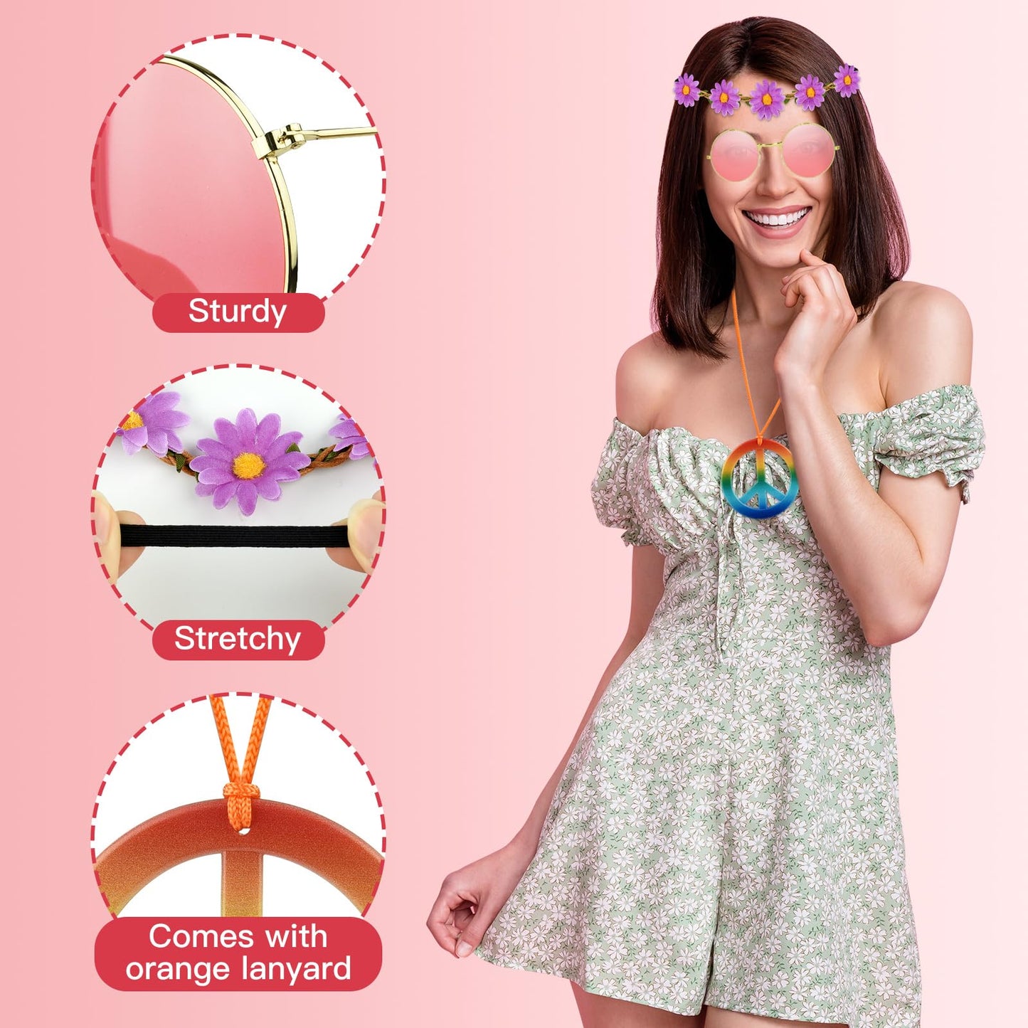 NEBURORA 60 Pieces Hippie Costume Accessory Set Multicolor Sunglasses Daisy Flower Headband Rainbow Peace Sign Necklaces for Hippie Party Supplies