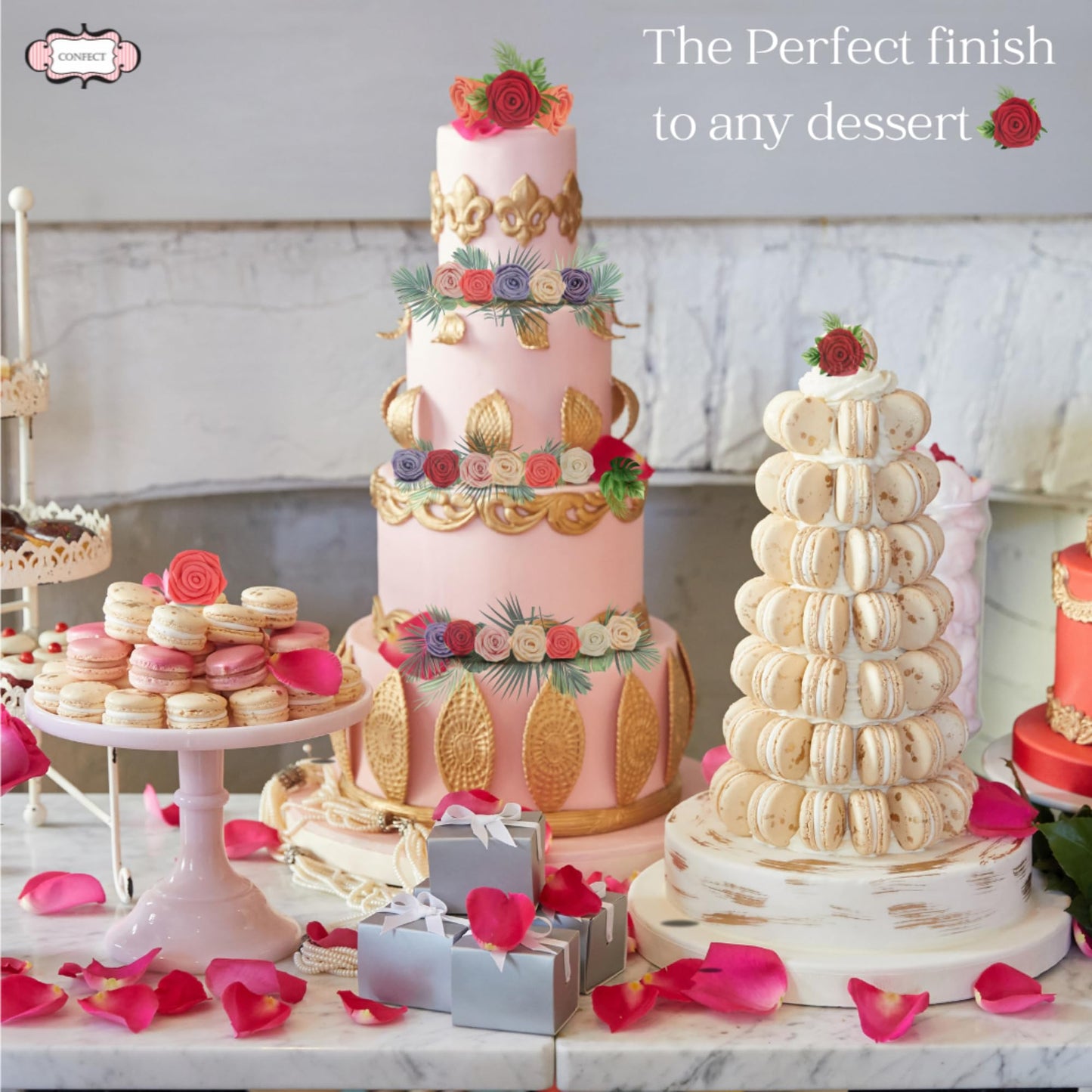 Confect Edible Rose Topper | Pretty Peach Pearl Edible Rose Toppers for Cakes, Cupcakes & Doughnuts | Perfect for Cake Decorations & Cupcake - Vegan, Dairy-Free, Palm Oil-Free - Pack of 12