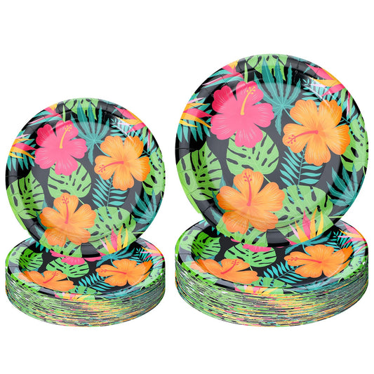 Honoson 100 Pcs Tropical Nights Paper Plates Hawaiian Party Supplies 7 Inch 9 Inch Disposable Luau Party Paper Plates for Summer Holiday Beach Bbqs Pool Tableware Supplies