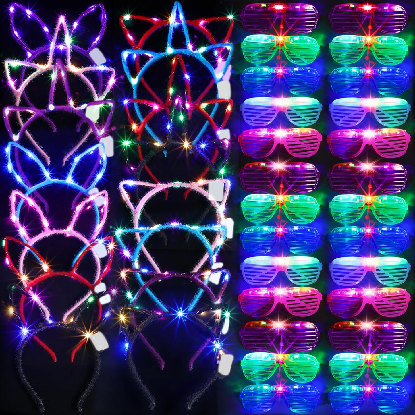 Honoson 15 Pcs LED Light up Glasses 15 Pcs Cat LED Cute Headband Cat Ears Sunglasses Glow in the Dark Party Supplies(Classic)