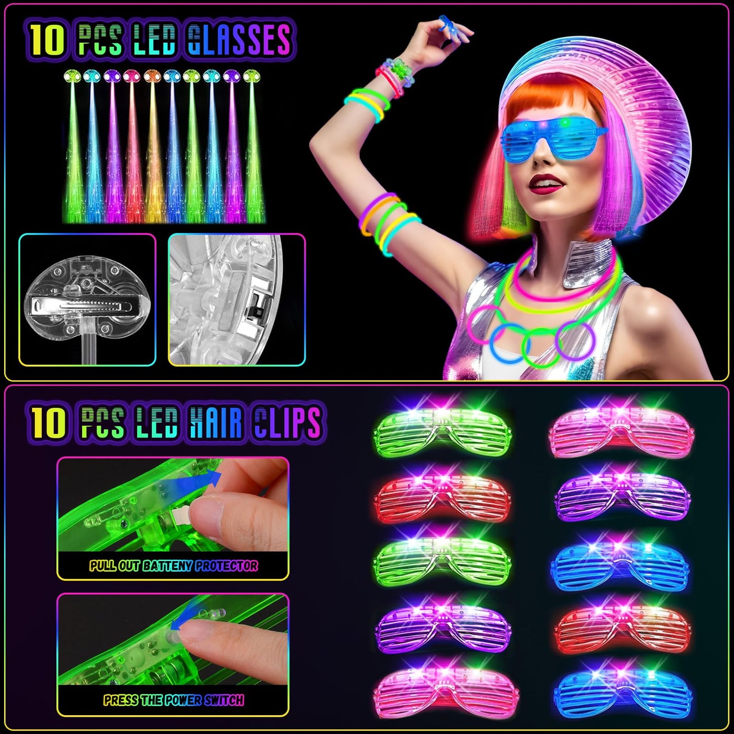OLUPP Glow in the Dark Party Supplies, 264 PCS Light Up Party Favors with LED Glasses,Glow Sticks,Finger Lights,LED Hair Clips,Slingshot,Glasses Molds,Butterfly Bracelet for Birthday,Raves,New Year