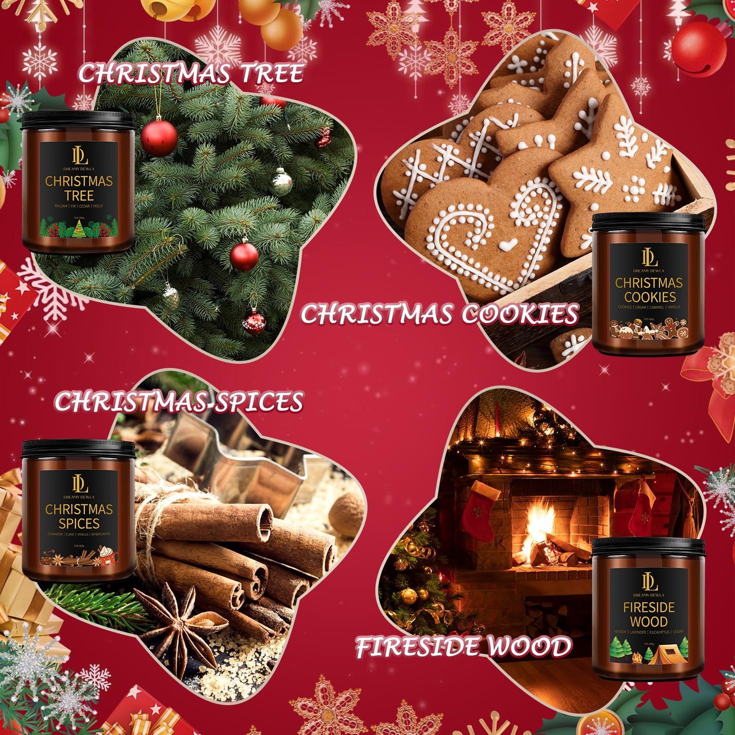 Holiday Candle Set, Winter Scented Candle, 4 Pack Soy Candles for Home Scented, Holiday Candles Gifts for Women Men, Winter Scents of Christmas Tree/Cookies/Spices/Fireside Wood