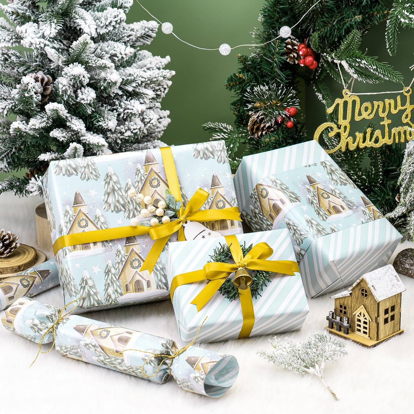 WRAPAHOLIC 30 Inch Jumbo Reversible Christmas Wrapping Paper - 30 Inch X 100 Feet Jumbo Roll Silver and White Christmas Tree and House Printed on Pearlized Paper