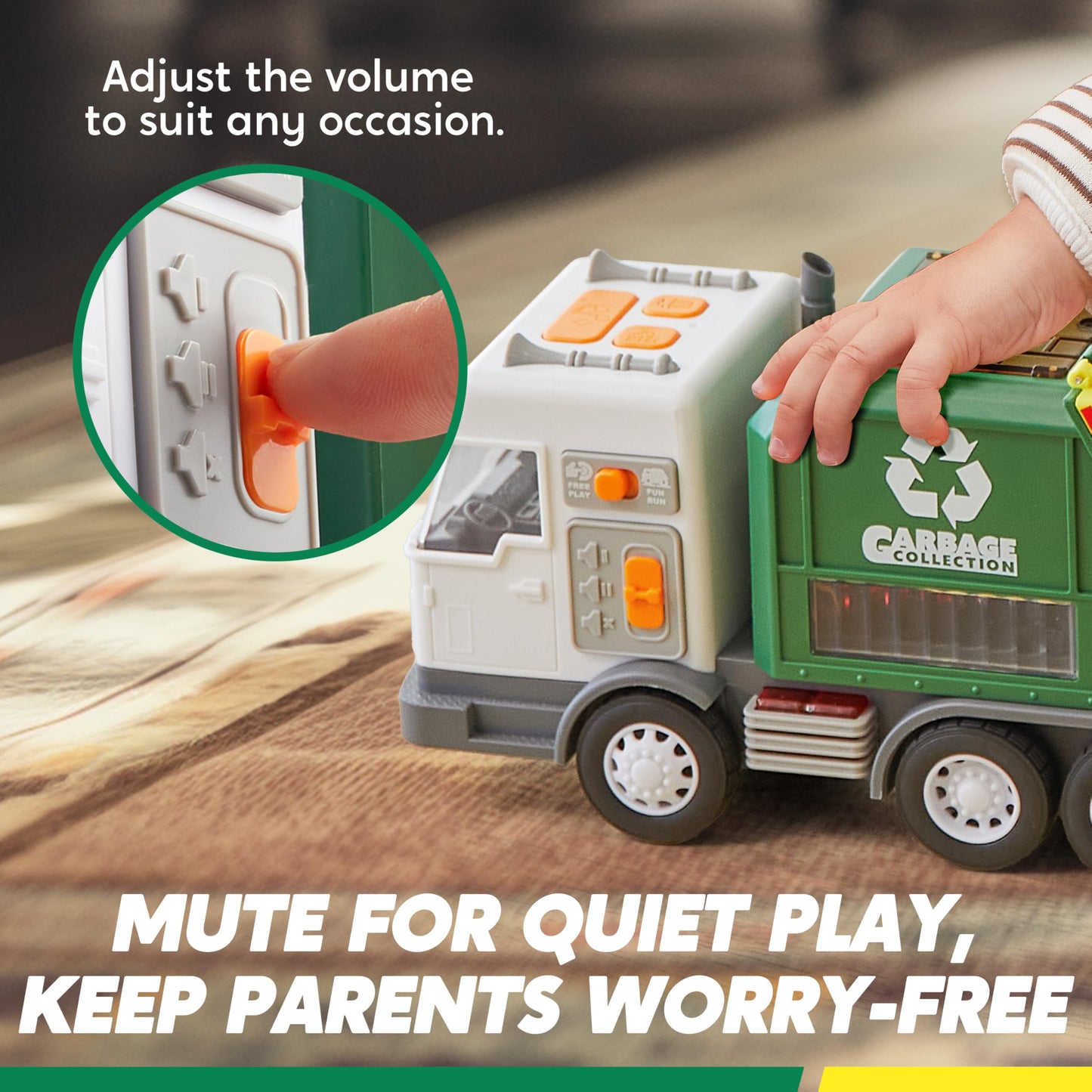 LED Garbage Truck Toy Set Includes Dumpster, Toy Truck with Mode Switch & Volume Control, Trash Vehicle with Lights and Sounds, Automatic Bump & Go Car