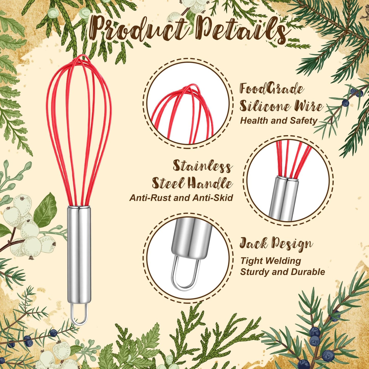 FoldTier 12 Sets Christmas Whisk Baking Supplies Gifts Sets Include Stainless Steel Whisk, Greeting Card, Snowfall Pine Branches, Plaid Towel, Rope for Xmas Neighbor Employee Stocking Stuffers Cooking