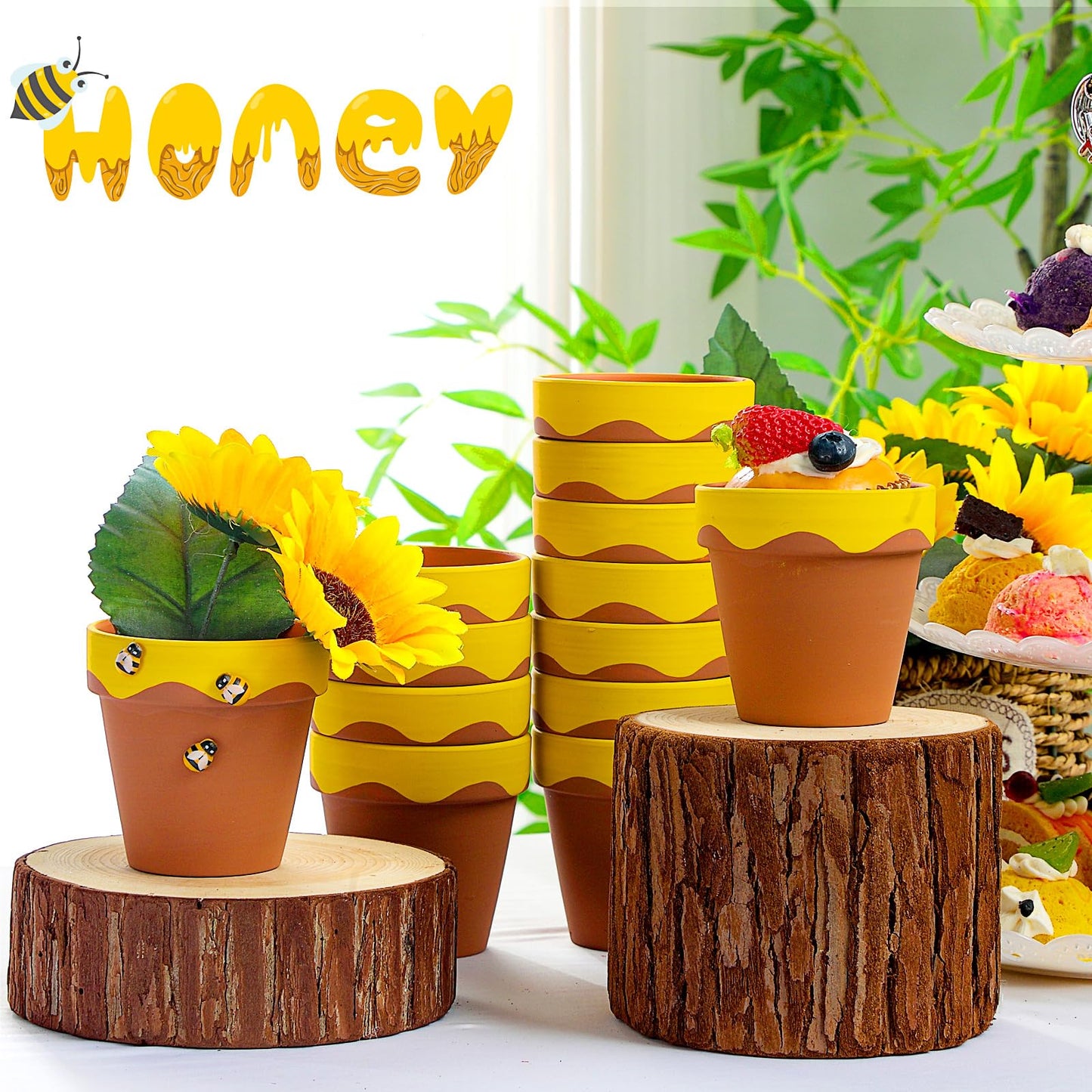 Leinuosen 24 Pcs Honey Bee Pot, 3 Inch Honey Jars for Cupcake, Planter, Bee Themed Party Favors for Baby Shower 1st Birthday Party Supplies and Wedding Gifts (Yellow and Brown)