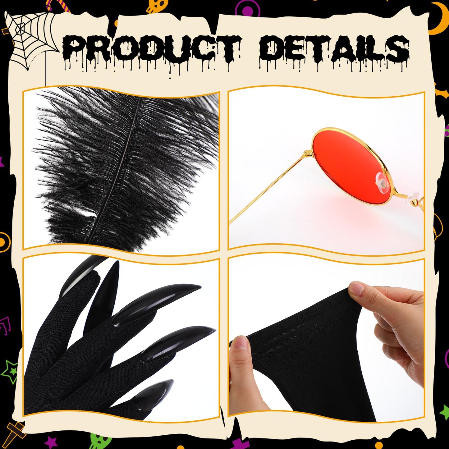 Twistover 3 Pcs Halloween Mothman Costume Accessories Include Paw Gloves Glasses Feather Headband for Unisex Adults Women Men(Retro)