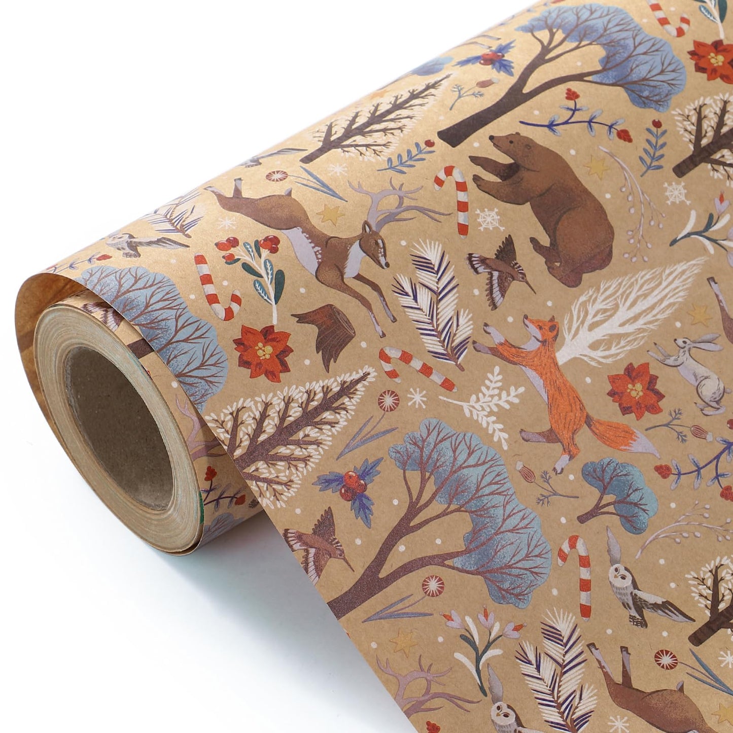 WRAPAHOLIC 30 Inch Jumbo Kraft Christmas Wrapping Paper - 30 Inch x 33 Feet - Christmas Animal Wrapping Paper and Tree Elements for Holiday, Party Celebration