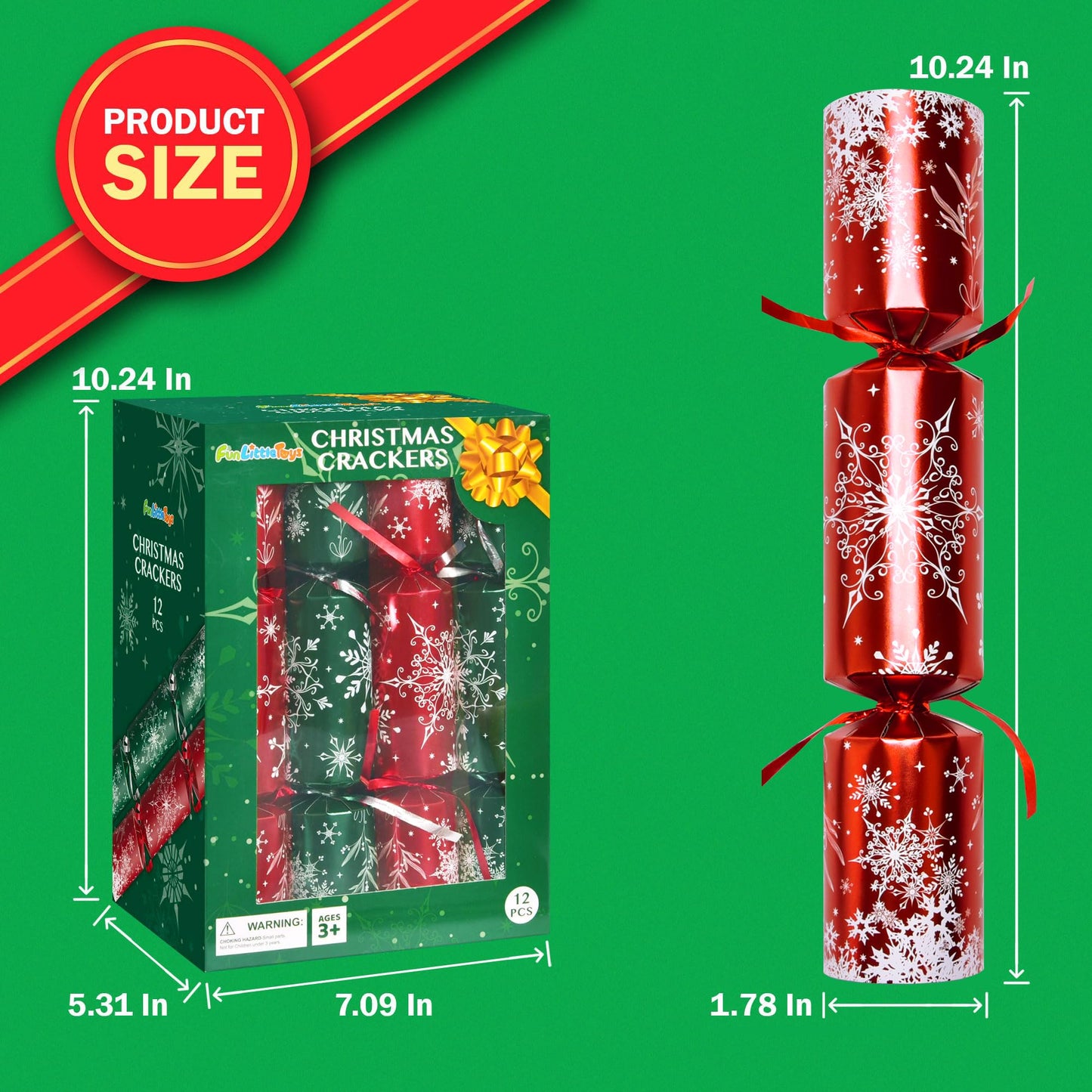 Christmas Crackers, 12 Pack Valentines No Snap Party Favors with Party Hat, Joke & Little Gift Inside for Christmas Thanksgiving Seasonal Holiday Dinner Traditions (Red and Green)