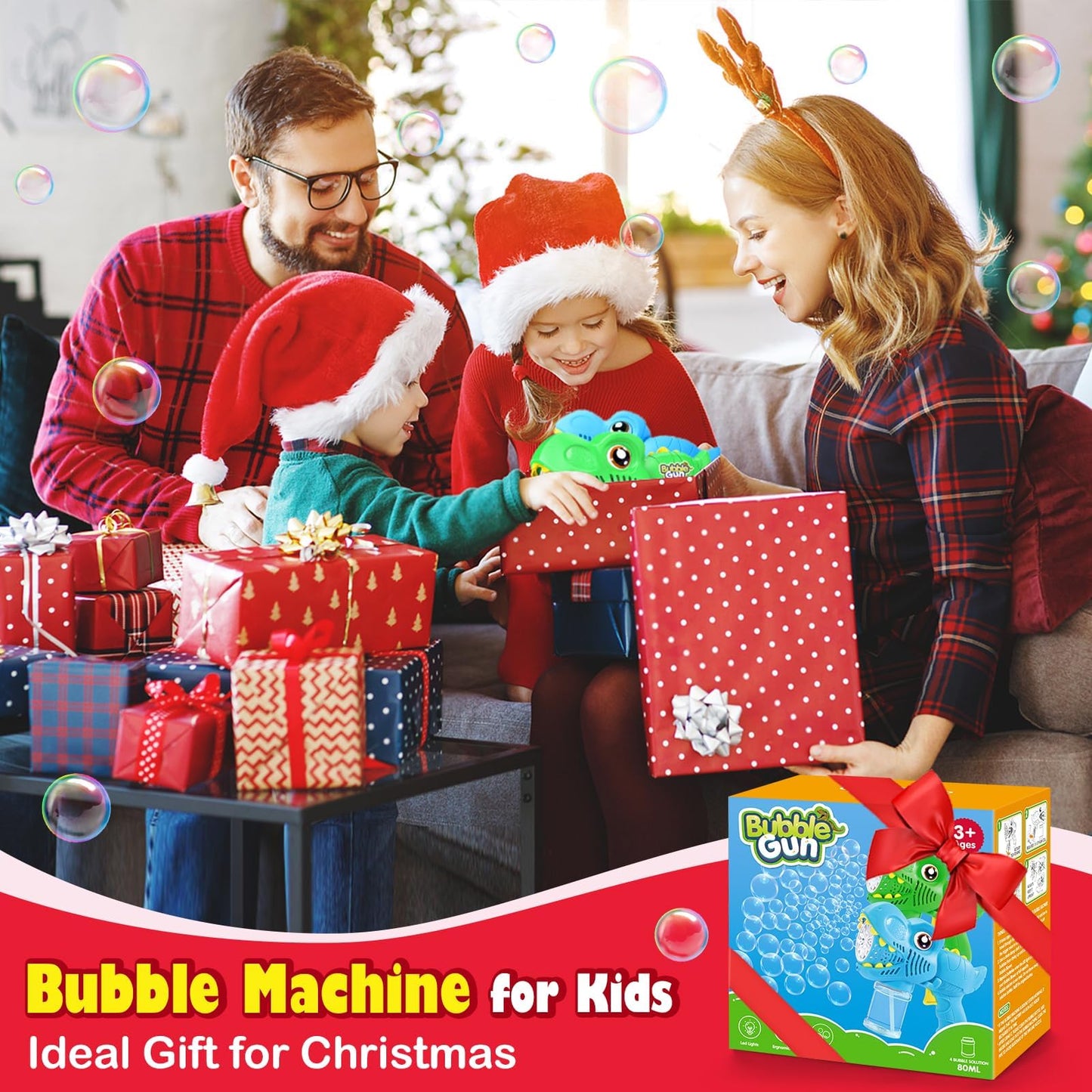 Kids Bubble Gun 2 Pack Dino Bubble Machine Gun for Toddlers with 4 Solutions Automatic 13-Hole Bubbles for Kids Blower Maker Easter Basket Essentials Stocking Stuffers Gift Party Favors for Boys Girls