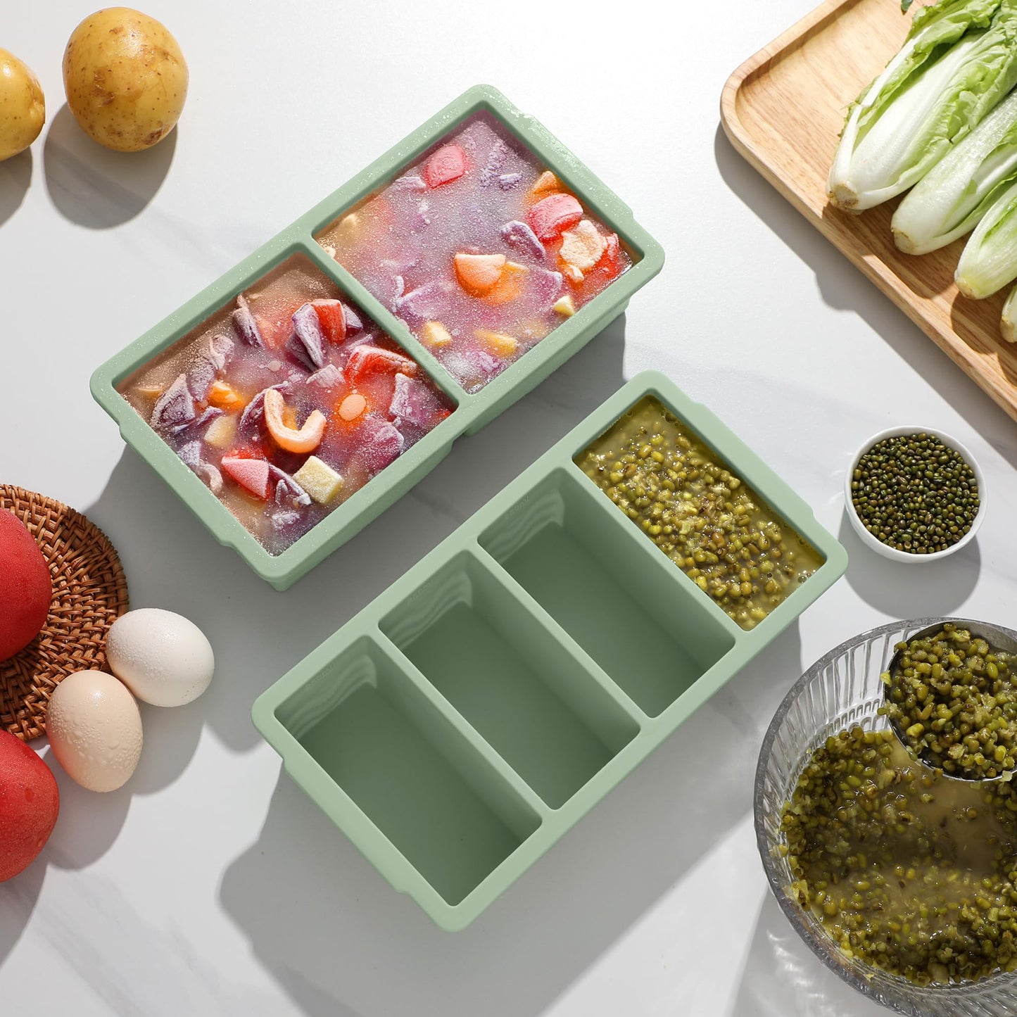 Silicone Freezer Molds for Soup with Lid, 1-Cup & 2-Cup Large Ice Cube Trays Food Storage Containers for Meal Prep, Freeze 250mL/125mL Portions – 2 Pack