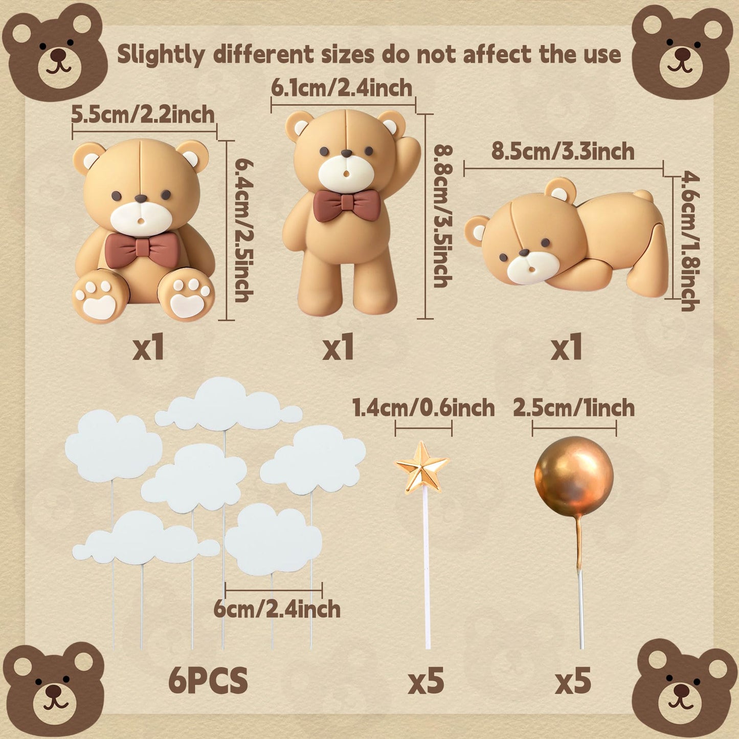 JeVenis Luxury Beige Brown Bear Cake Decoration Beige Brown Balls Cake Topper Boho Bears Cake Cake Decoration Baby Shower Birthday Cake Decoration