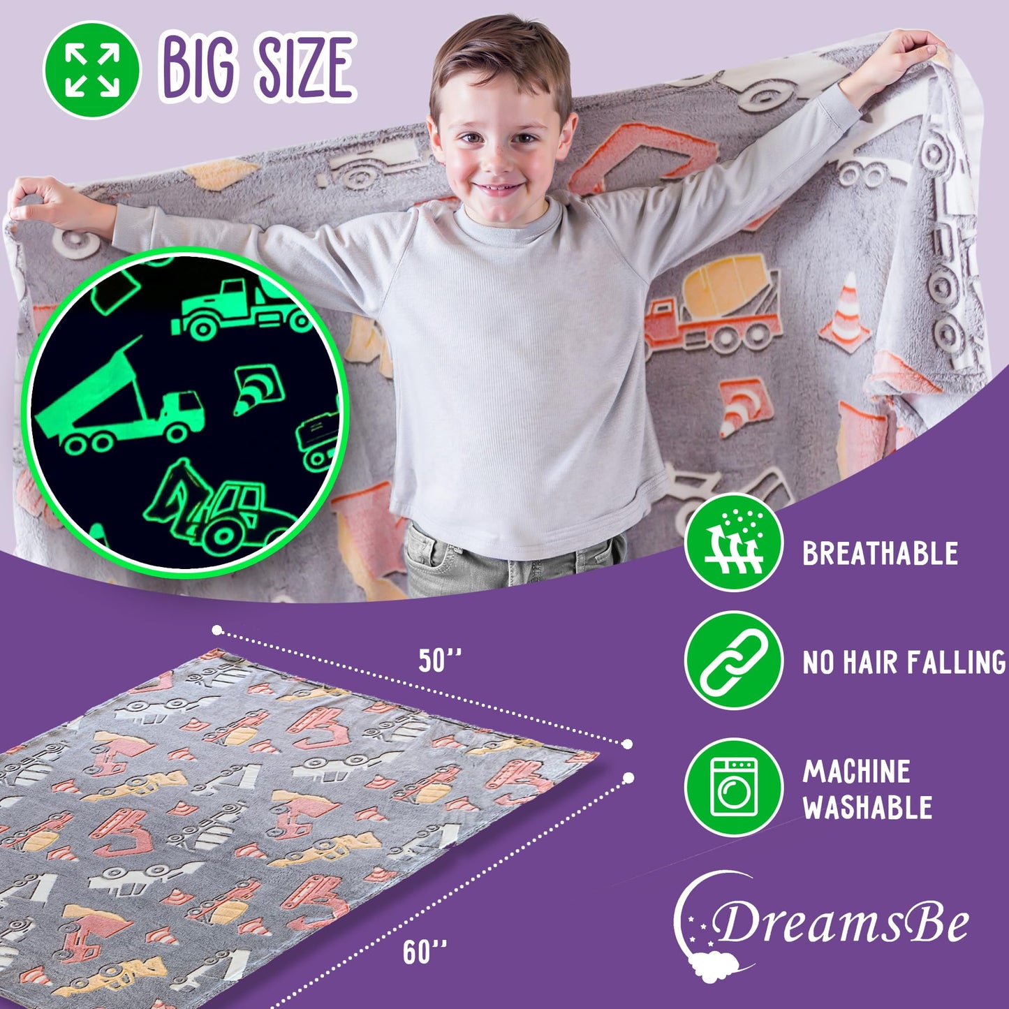 Construction Truck Glow in The Dark Blanket - Luminous Tractor Blanket for Kids - Soft Plush Digger Dump Truck Excavator Throw for Boys - Large 60inx50in Glowing Big Trucks Toddler Gift