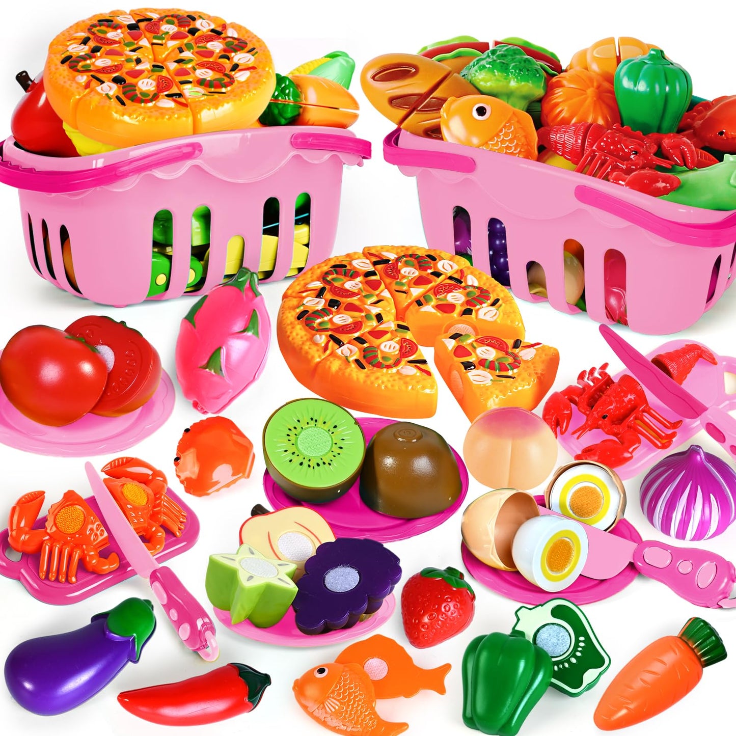 100 Pcs Play Food Set for Kids Kitchen, Pretend Food Toy for Toddlers, Play Kitchen Toys Accessories with 2 Baskets, Cutting Fake Food/Fruit/Vegetable, Christmas Birthday Gifts for Boys and Girls