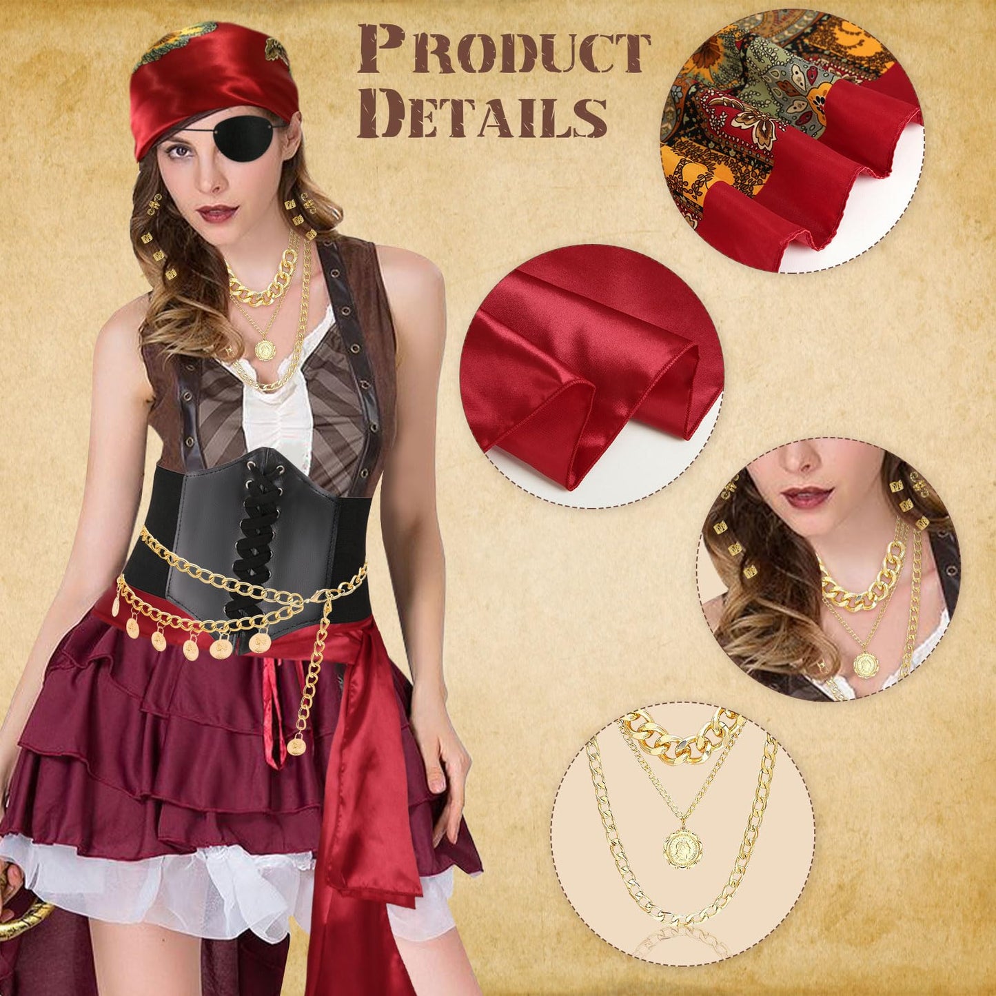 Vermeyen 8 Pcs Pirate Costume Accessories for Women with Head Scarf Wrap Pirate Corset Eye Patch Necklace Sash Chain Belt