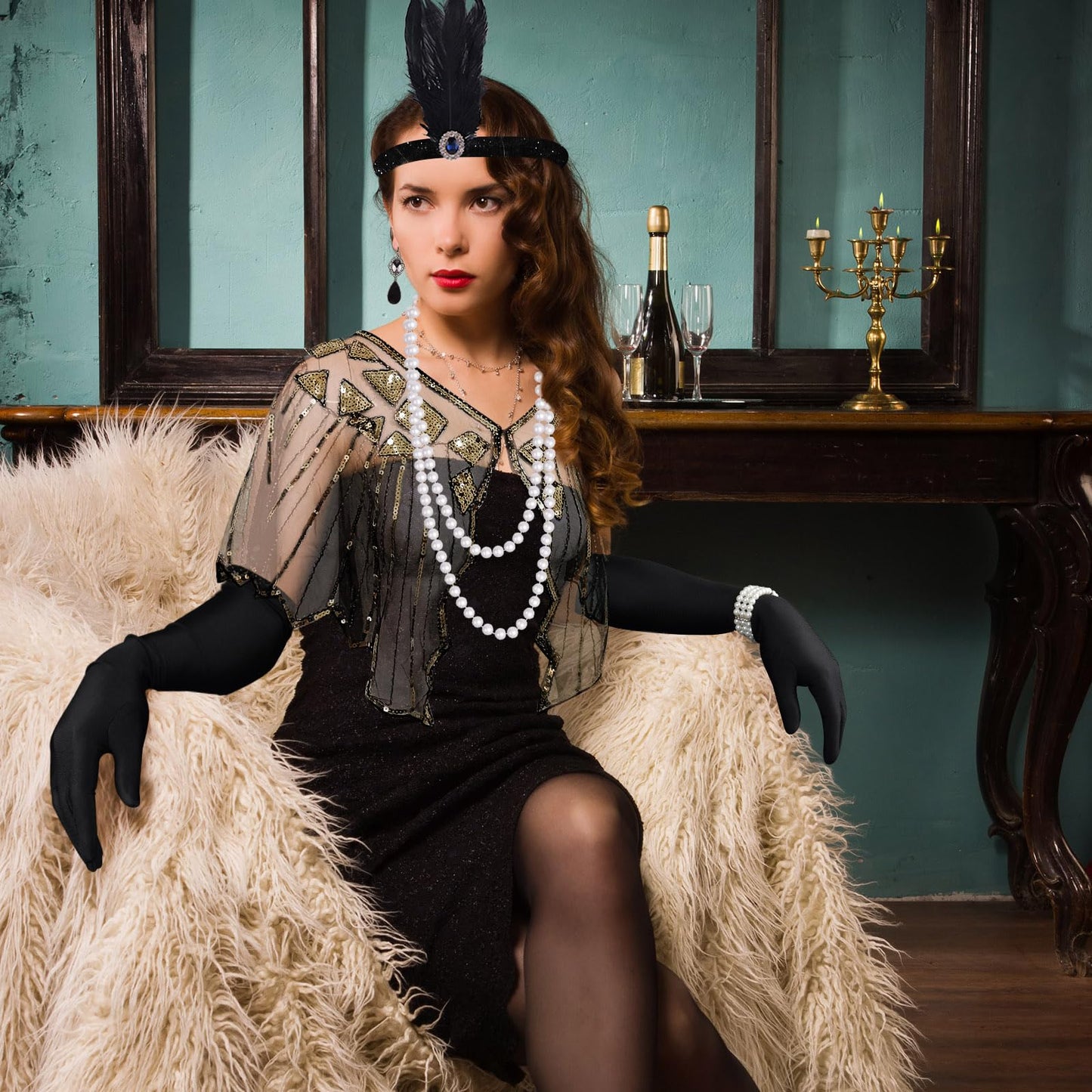 ELECLAND 10 Pieces 1920s Flapper Accessories Set Fashion Roaring 20's Theme Set with Headband Headpiece Long Black Gloves Necklace Earrings for Women (Black Gold)