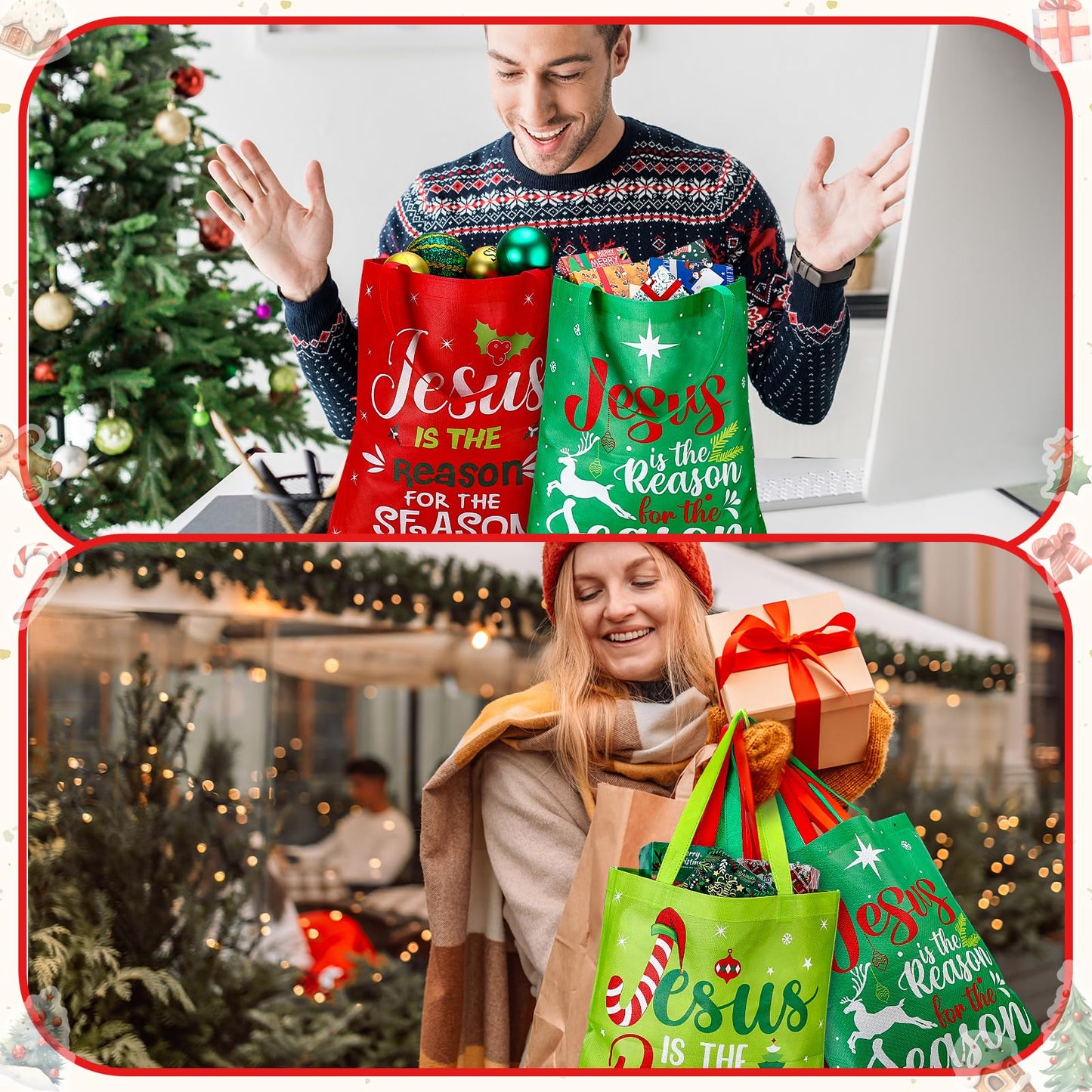 Hosuly 15 Pcs Extra Large Christmas Gift Bags 15 x 17 in Non Woven Christmas Tote with Handle Reusable Jesus Is the Reason for the Season Shopping Bags for Religious Xmas Holiday Party Supplies