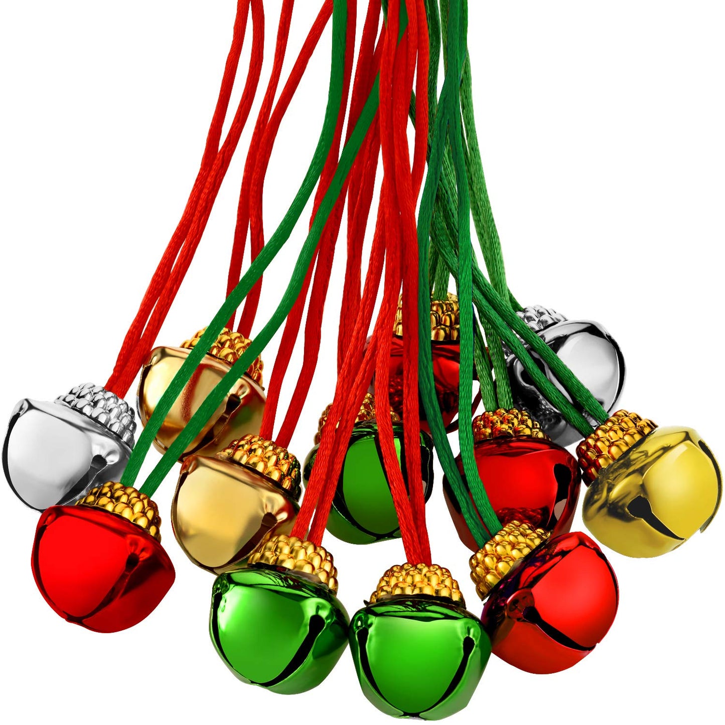 60 Piece Christmas Bell Necklaces - Holiday Necklaces for Christmas Supplies (Red, Green, Gold and Silver)