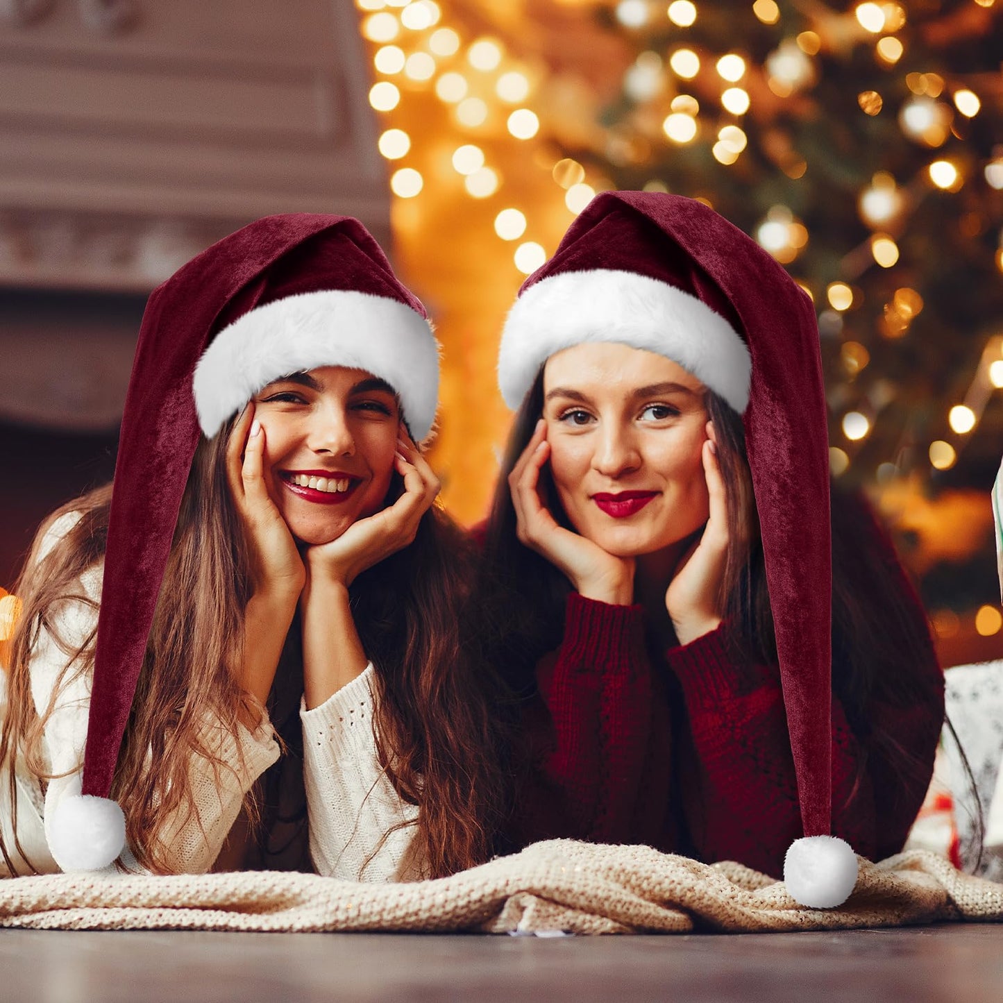 Funnysoft 2 Pcs Santa Hat Adults Unisex Velvet Christmas Hat Extra Thicken Classic Plush Holiday Hats for Adult Xmas Supplies(Burgundy,Long Style)