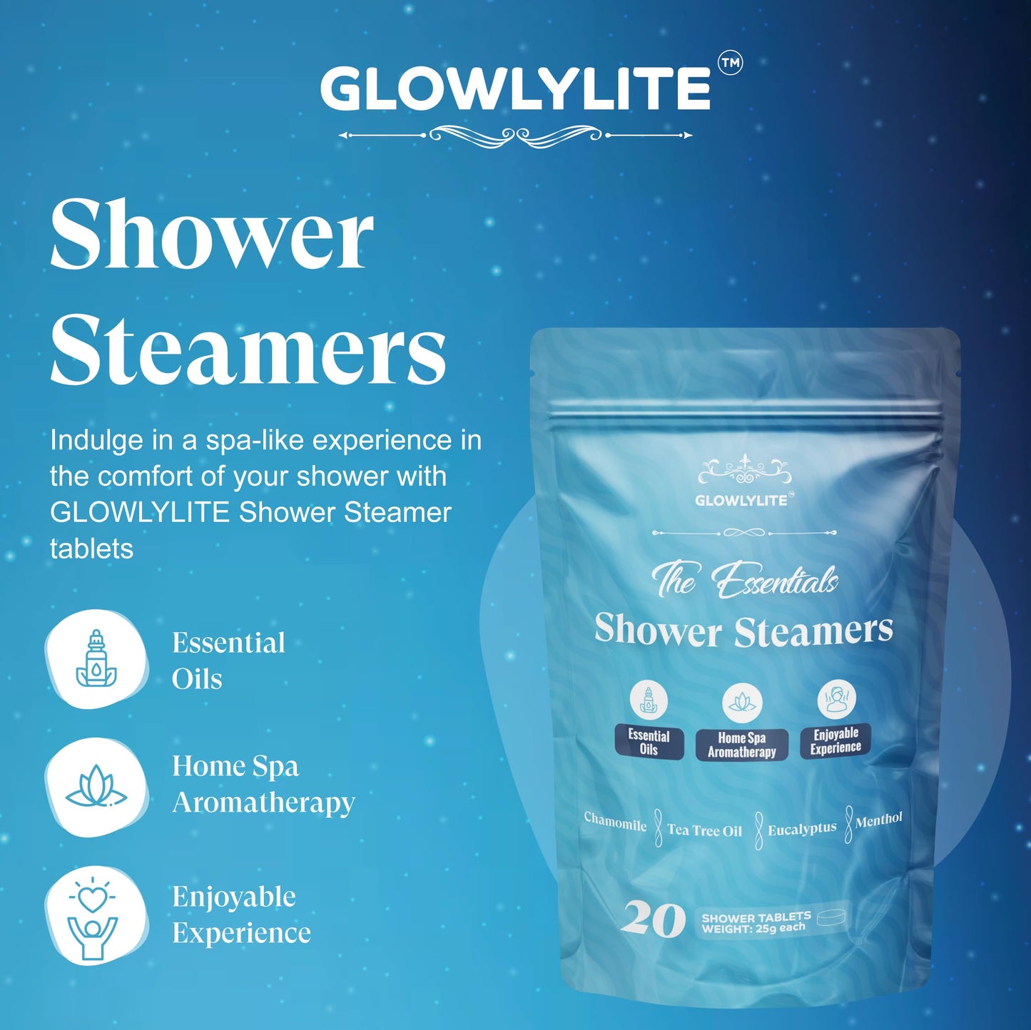 GLOWLYLITE Shower Steamers Aromatherapy | 20 Pack Shower Steamers for Women & Men, Essential Oils for Stress Relief, Self Care, Gifts for Mom, Birthday, Stocking Stuffers & Christmas (Blue)