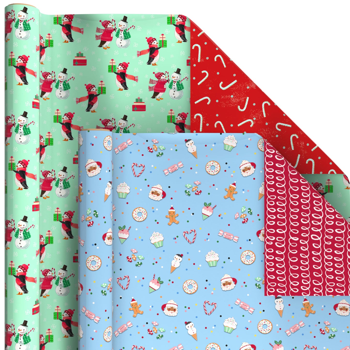 Hallmark Reversible Christmas Wrapping Paper Rolls for Kids (6 Rolls: 150 Sq. Ft. Total) Cookies, Donuts, Mittens, Penguins, Dinosaurs