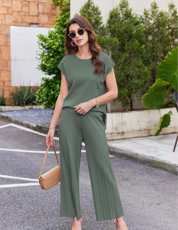 Ekouaer Lounge Sets for Women Two Piece Outfits Knit Cap Sleeve Tops Wide Leg Pleated Pants Casual Dressy Sweater Sets