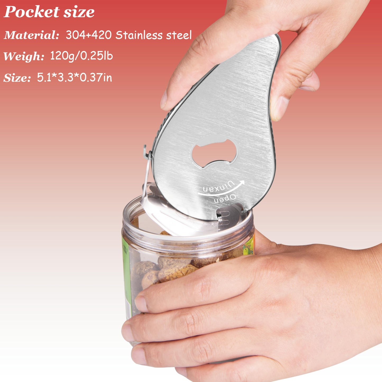 Uinxan Jar Bottle Can Opener for Weak Hands & Arthritis - Effortless Twist Off Lids (0.6"-2.7") & Pull Tab Seals | Premium 304 Stainless Steel, Patented | Portable Senior-Friendly Kitchen Gadget