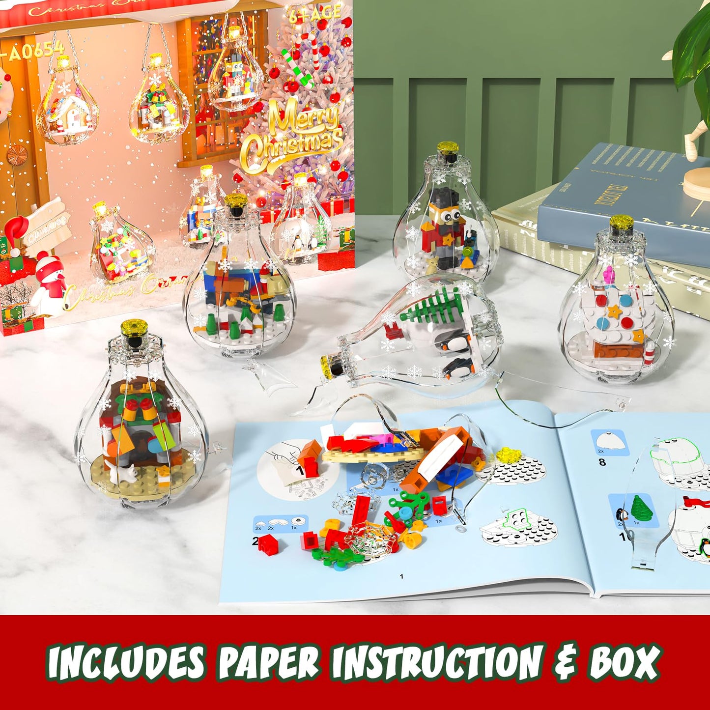 Christmas Tree Ornaments Building Set with Light, Santa Claus Gingerbread House Nutcracker Penguin Bear Building Kit in Bulbs, 6 Pack Xmas Decorations Stocking Stuffers Gift for Kids (405 PCS)