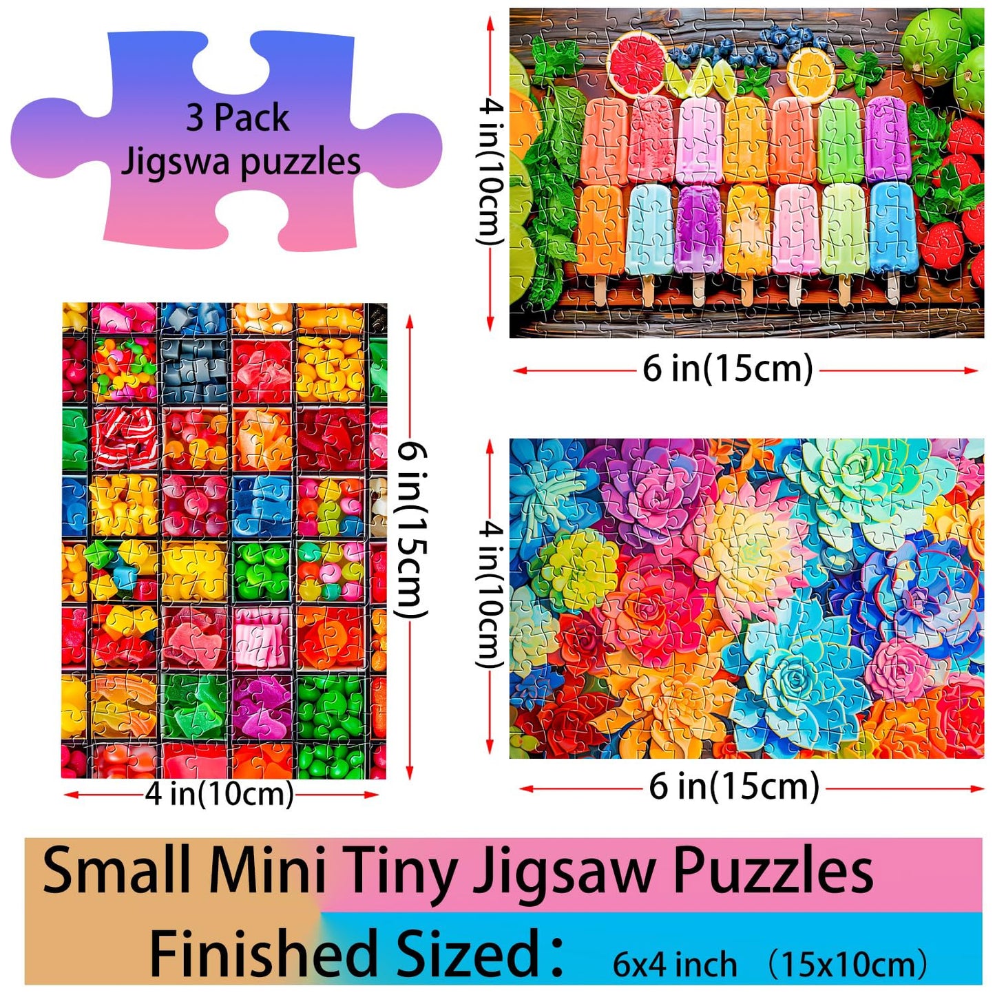 Small Jigsaw Puzzles for Adults 150 Pieces Colorful Candy Ice Pop Succulent Mini Jigsaw Puzzles Challenging Mini Puzzles Tiny Jigsaw Puzzles 6 x 4 Inches, 3 Pcs,Mini Easel Included