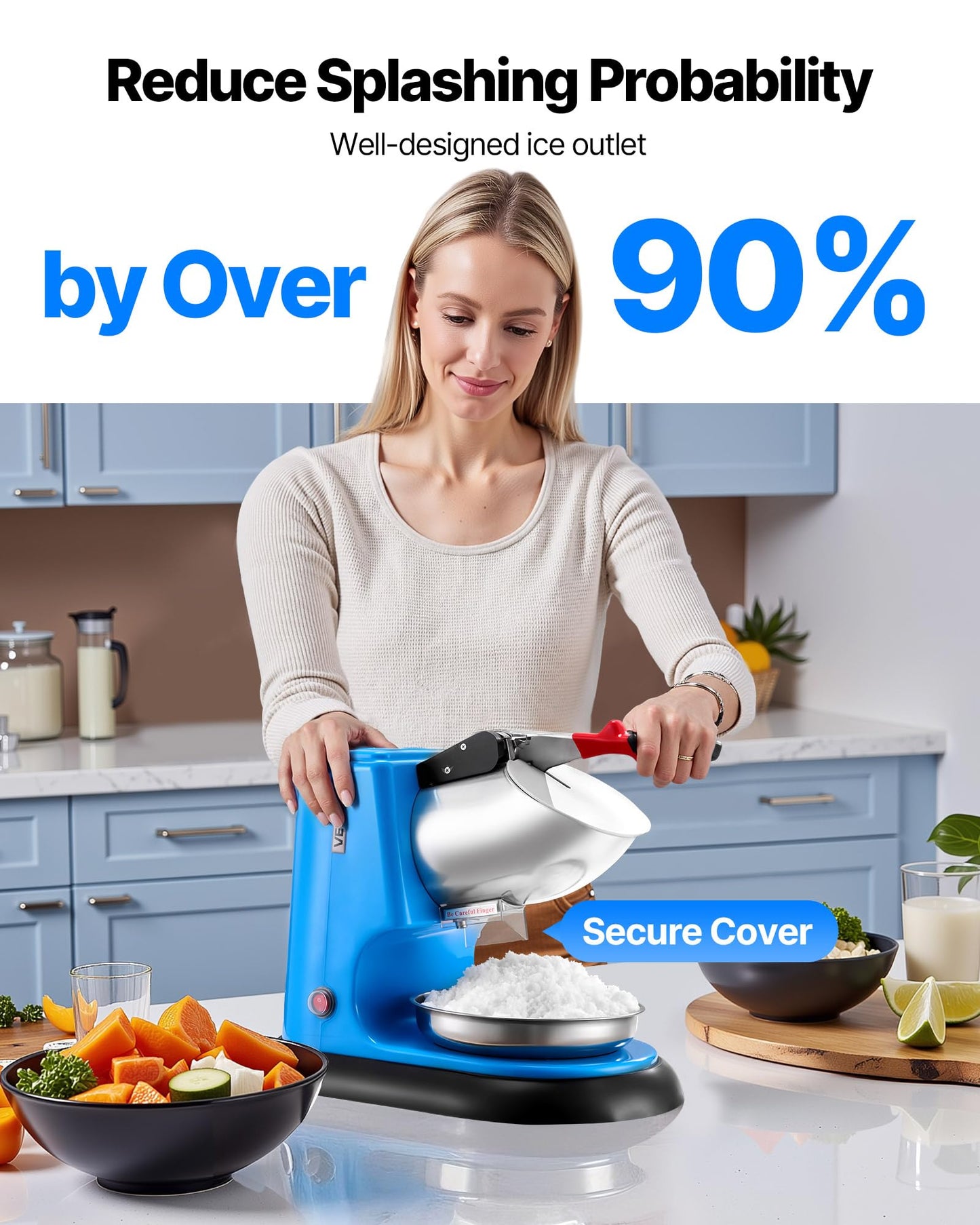 VEVOR Ice Crusher Machine, 220lbs Per Hour Electric 4 Blades Snow Cone Maker, Stainless Steel Shaved Ice Machine with Bowl and Cover, 300W 1400RPM Ice-Shaver for Home and Commercial Use, Blue