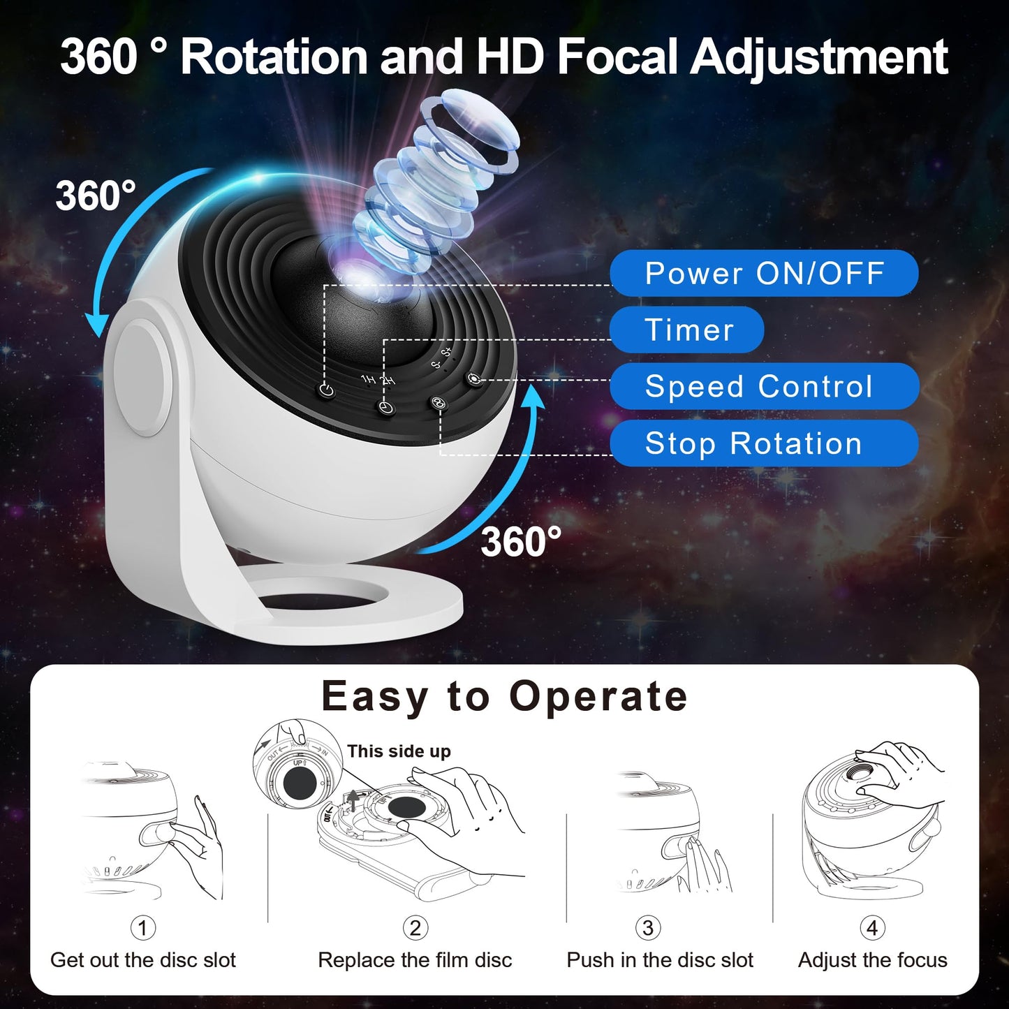 Galaxy Projector for Bedroom, 13 in 1 Planetarium Star Projector with Solar System & Constellation, Night Light for Ceiling - 360° Rotating with Timer, Adjustable Knob, Kids Adults Room Decor (White)