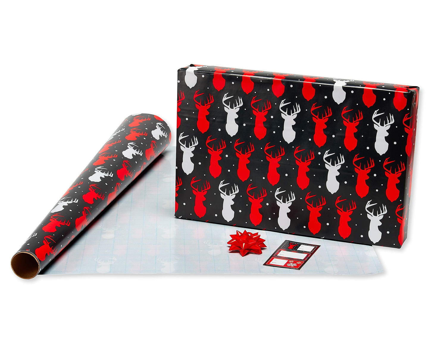 American Greetings 120 sq. ft. Red and Black Christmas Wrapping Paper Set with Cut Lines (4 rolls 30 in. x 12 ft., 7 Bows, 30 Gift Tags), Christmas Text, Plaid, Reindeer and Snowflakes
