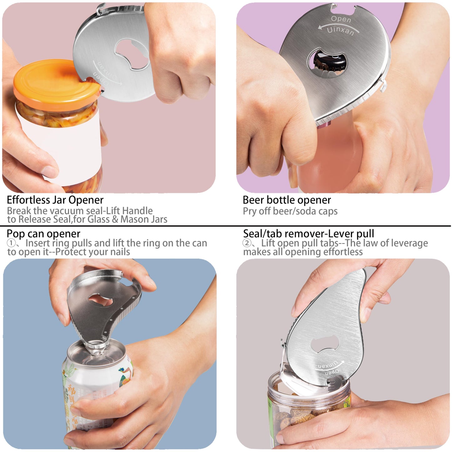 Uinxan Jar Bottle Can Opener for Weak Hands & Arthritis - Effortless Twist Off Lids (0.6"-2.7") & Pull Tab Seals | Premium 304 Stainless Steel, Patented | Portable Senior-Friendly Kitchen Gadget