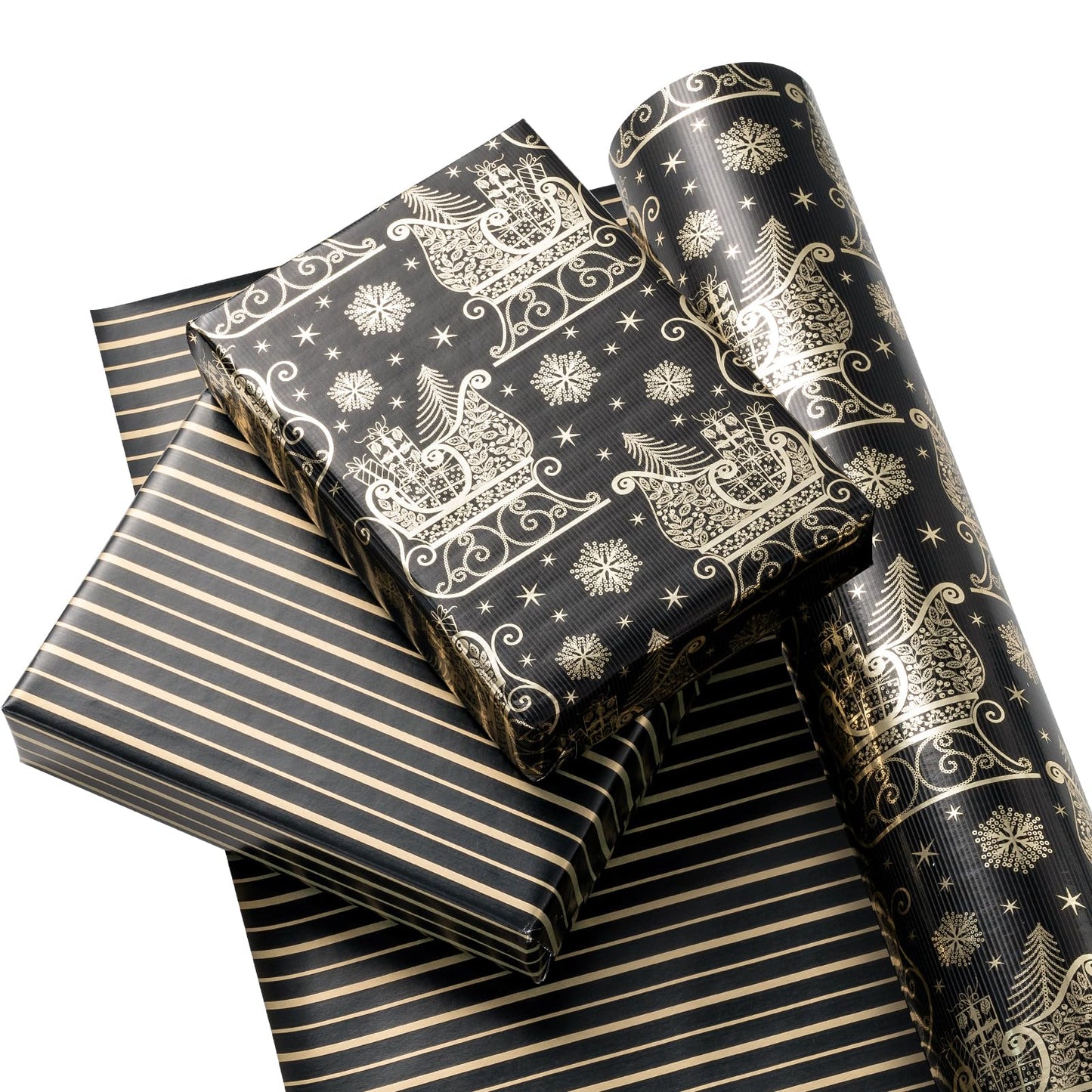 WRAPAHOLIC 30 Inch Jumbo Reversible Black and Gold Christmas Wrapping Paper - 30 Inch x 33 Feet - Black Gold Sleigh and Stripe Wrapping Paper with Metallic Foil for Christmas, Holiday, Party