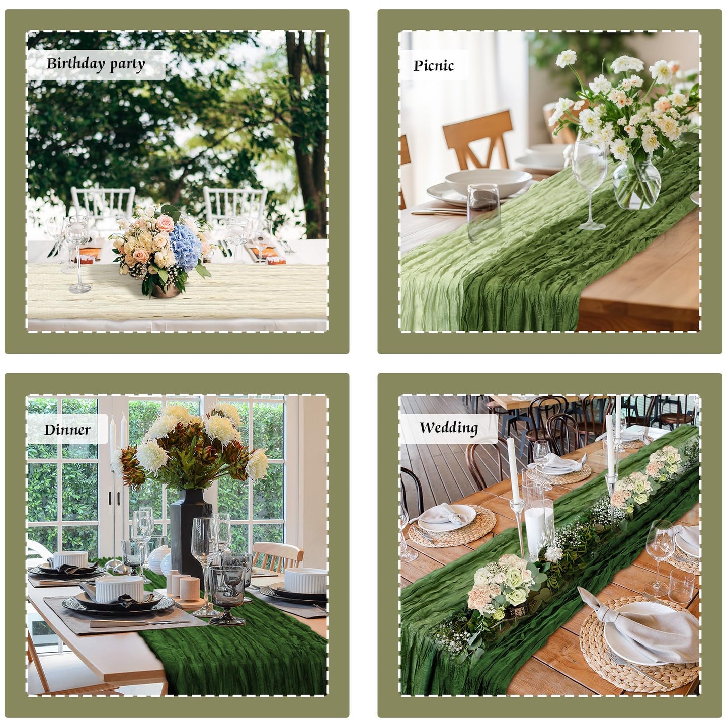 Remagr 12 Pcs Cheesecloth Gauze Table Runners Boho Wedding Decor Rustic Sheer Runner for Wedding Table Bridal Shower Birthday Party Decorations(Gradient Green,12 Pcs)