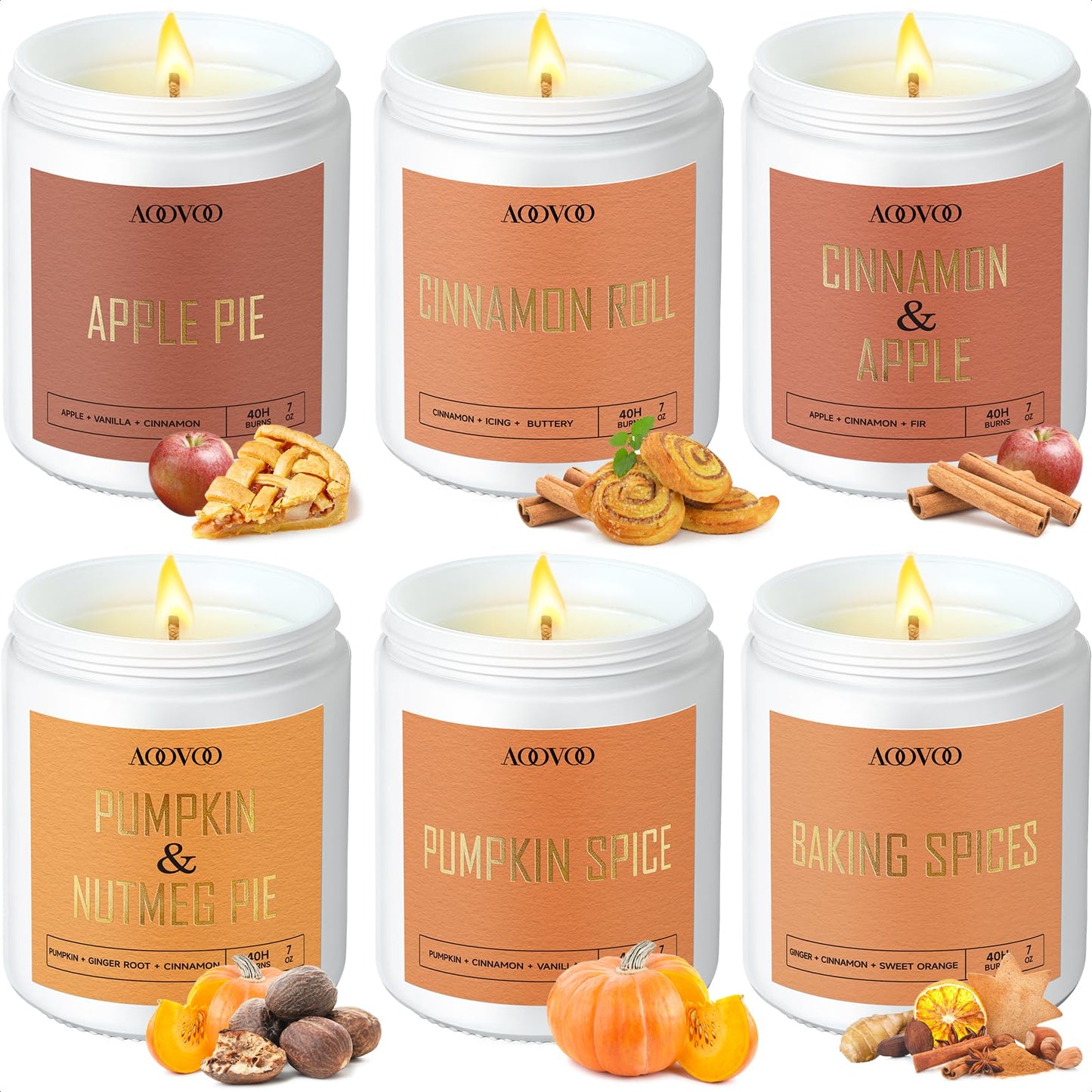 AOOVOO Fall Candles - 6 PC Scented Candle Set, 42 oz Soy Candles for Home Scented, Apple Pie/Cinnamon Roll/Cinnamon Apple/Pumpkin Nutmeg Pie/Pumpkin Spice/Baking Spice