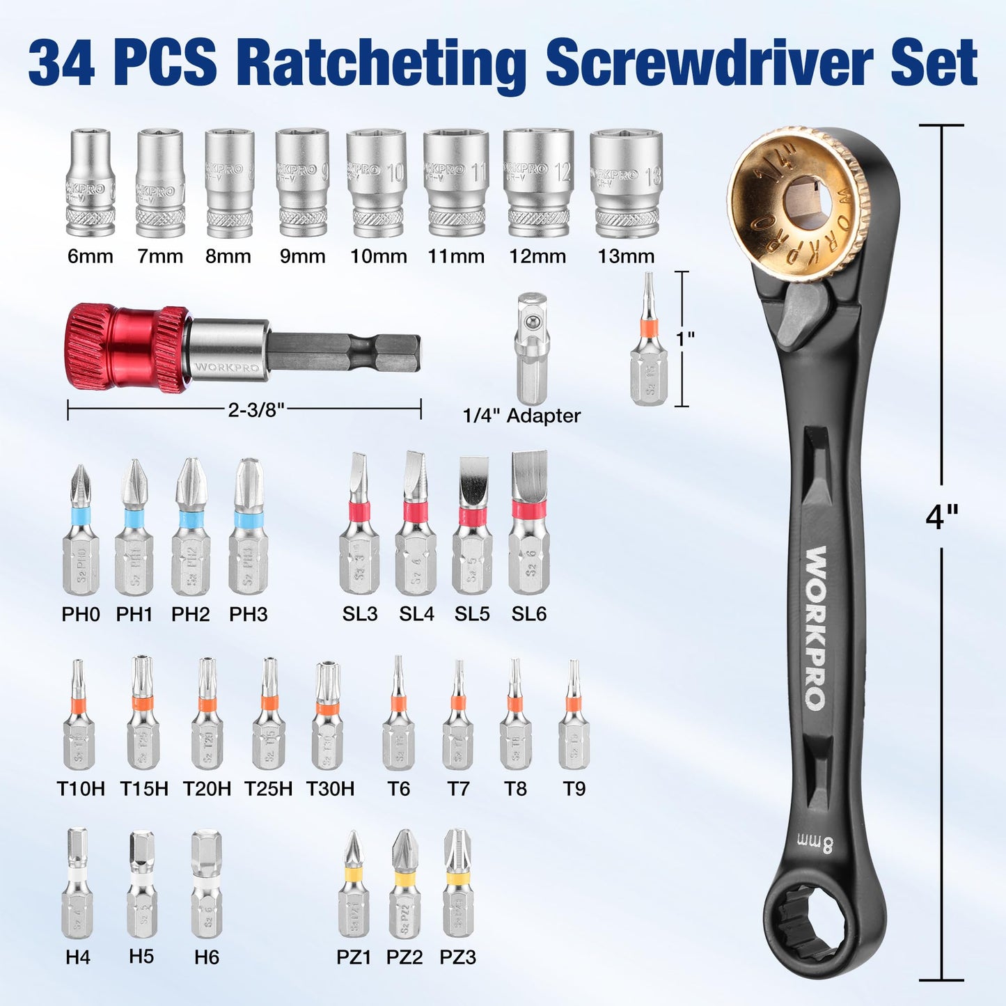 WORKPRO 34-Piece 1/4" Mini Ratchet Wrench, 72-Tooth, Right Angle Screwdriver Mens Gifts, 90 Degree Offset Ratcheting Screwdriver Pocket Mini Low Profile Ratchet Wrench Bit Socket Set for Tight Space