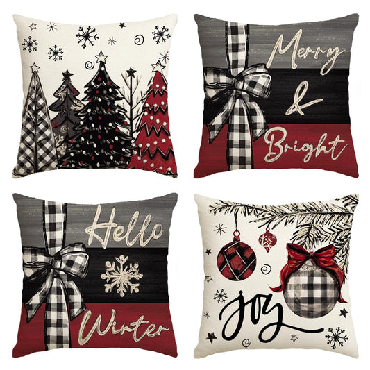 AVOIN colorlife Merry Christmas Joy Xmas Trees Red Throw Pillow Covers, 18 x 18 Inch Christmas Winter Holiday Cushion Case Decoration for Sofa Couch Set of 4