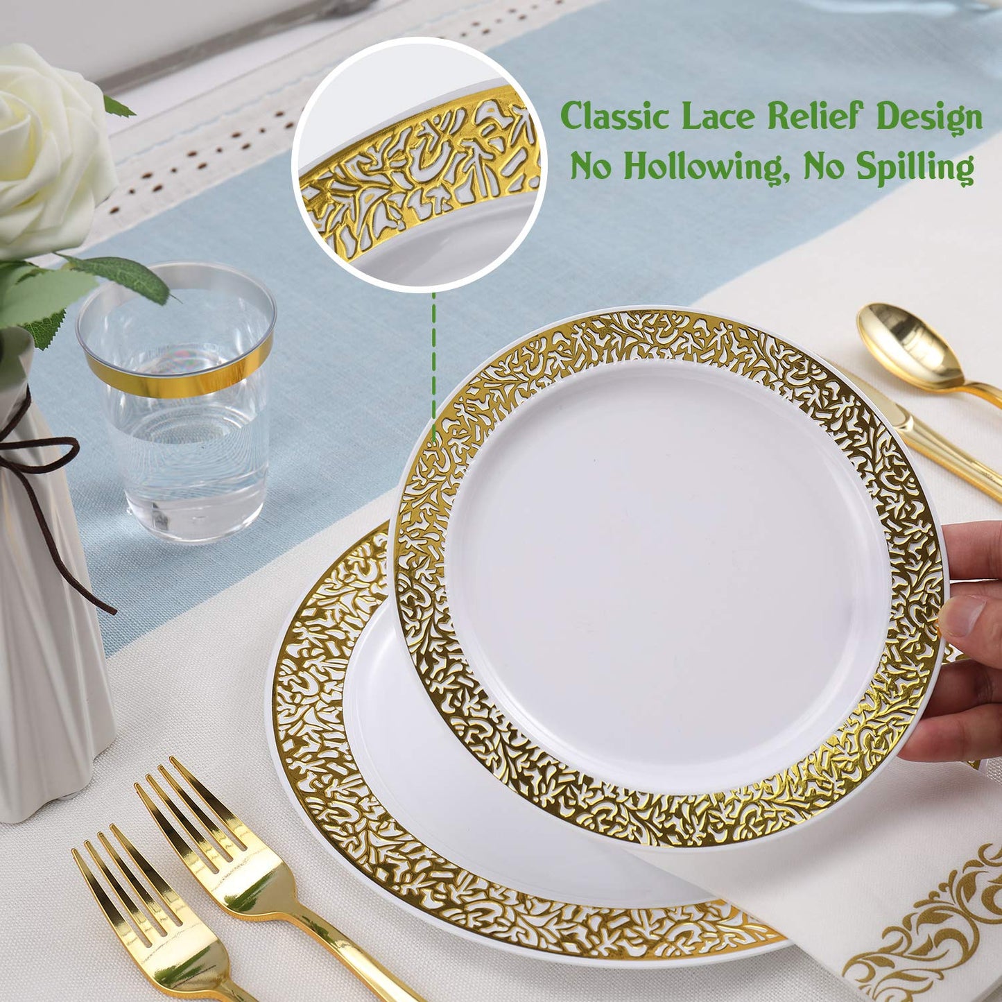 FOCUSLINE 175 Ct Gold Dinnerware Set for 25 Guests, White Plastic Plates with Gold Lace Rim Design, Including 25 Disposable Dinner & Dessert Plates, Cups, Napkins, Cutlery Set