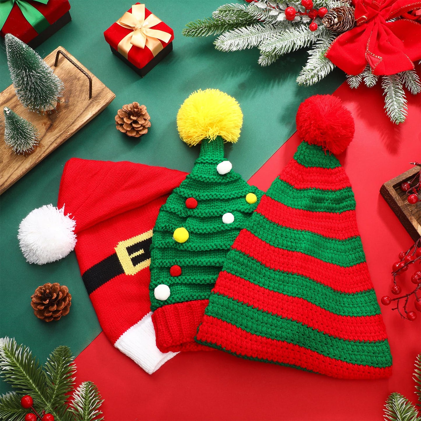 Funtery 3 Pcs Christmas Knitted Santa Hats Elf Hat Crochet Christmas Beanie Xmas Party Caps for Adults Women Men(Mixed Style)