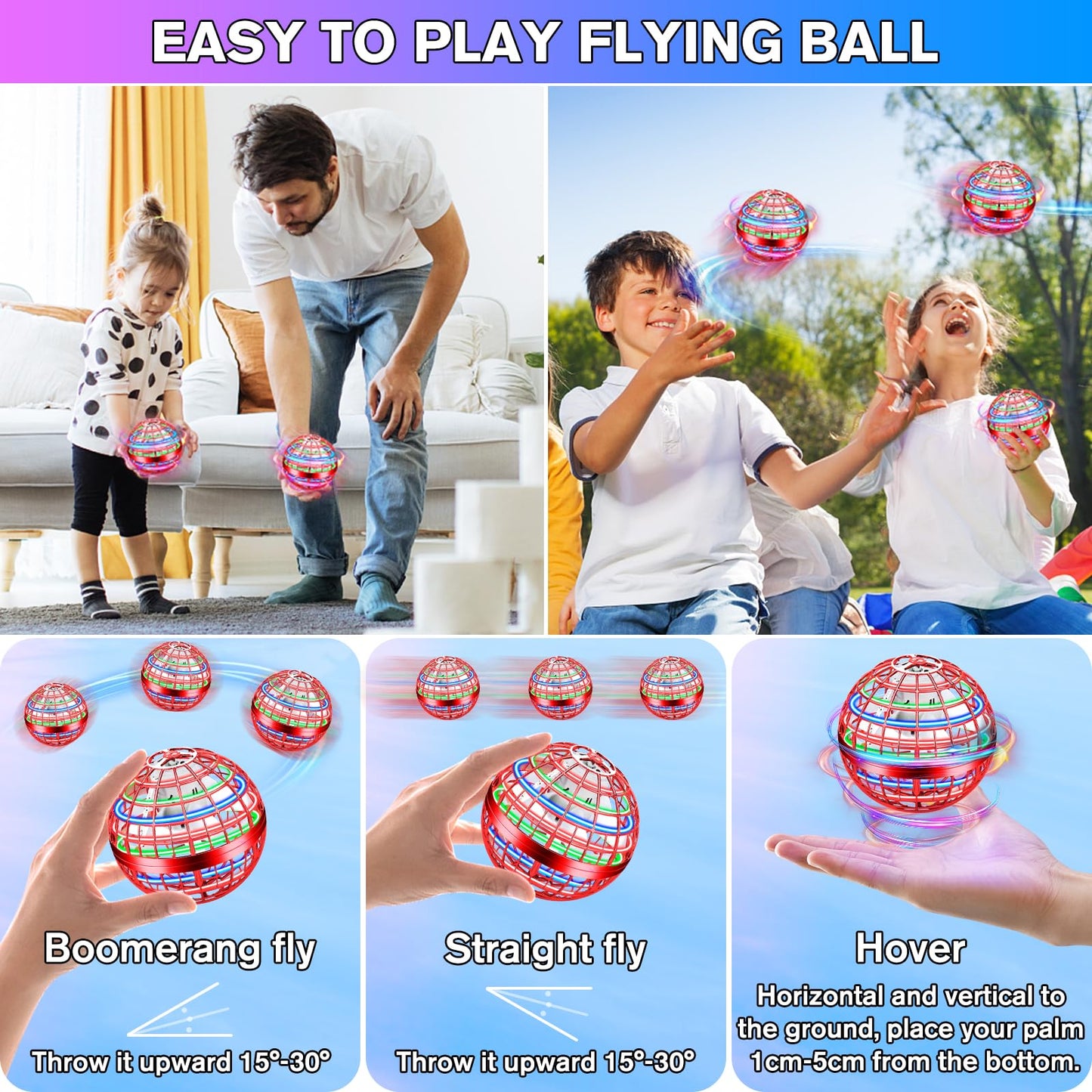 Flying Orb Ball,Galactic Fidget Spinner Hover Ball,Flying Spinner Mini Drone Toy,Hand Controlled Boomerang Hover Ball,Cool Toys Birthday for Kids Adult Indoor Outdoor Toys(Red)