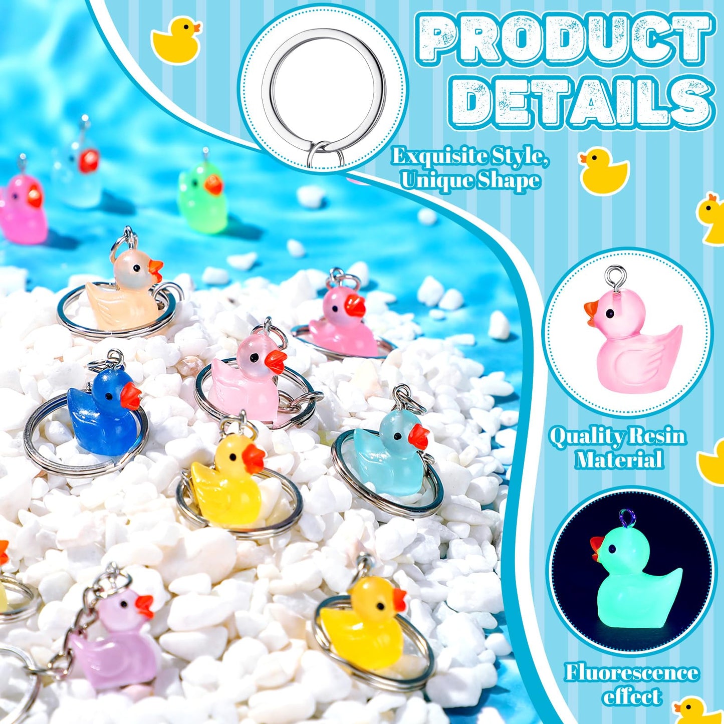 Ecation 100 Pcs Luminous Mini Duck Keychains Glow in the Dark Duck Resin Keychains 3D Tiny Key Chains Bulk Small Animal Pendant Accessories for Birthday Party Favors(Multicolor,Classic)