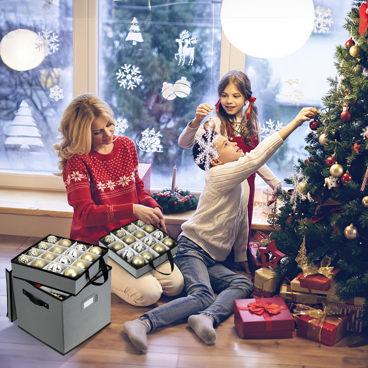 BALEINE Christmas Ornament Storage Box with Dividers, Premium Holiday Ornaments Storage Container Bin for Xmas Decorations (64 Ball, Grey)