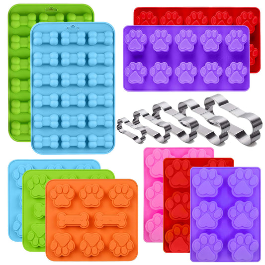 Set of 15 Non-Stick Silicone Dog Treat Molds - Paw and Bone Shapes, Ideal for Frozen Treats, Baking Jelly, Candy, Chocolate, Dog Snack Biscuits