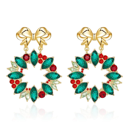 Christmas Bow Wreath Earrings for Women, Colorful Xmas Holiday Rhinestone Dangle Earrings Jewelry Gifts, Aretes de Navidad Para Mujer (Gold Bow Wreath)