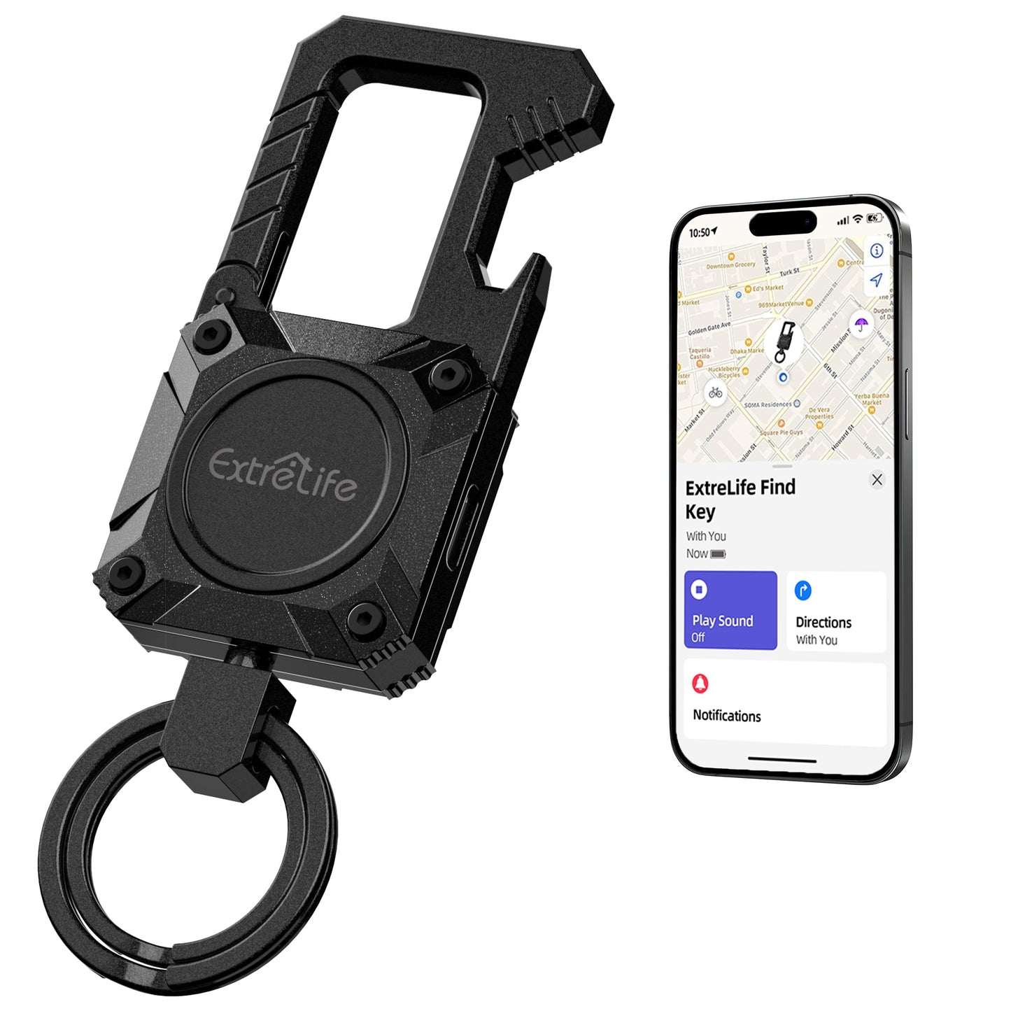 Keychain, Works with Apple Find My, Heavy Duty Keychain Bottle Opener, Carabiner Car Key Chains with Gps Tracker, Key Finder, Bluetooth Tracker for Luggage, Kids, Bags and More, Rechargeable, Black