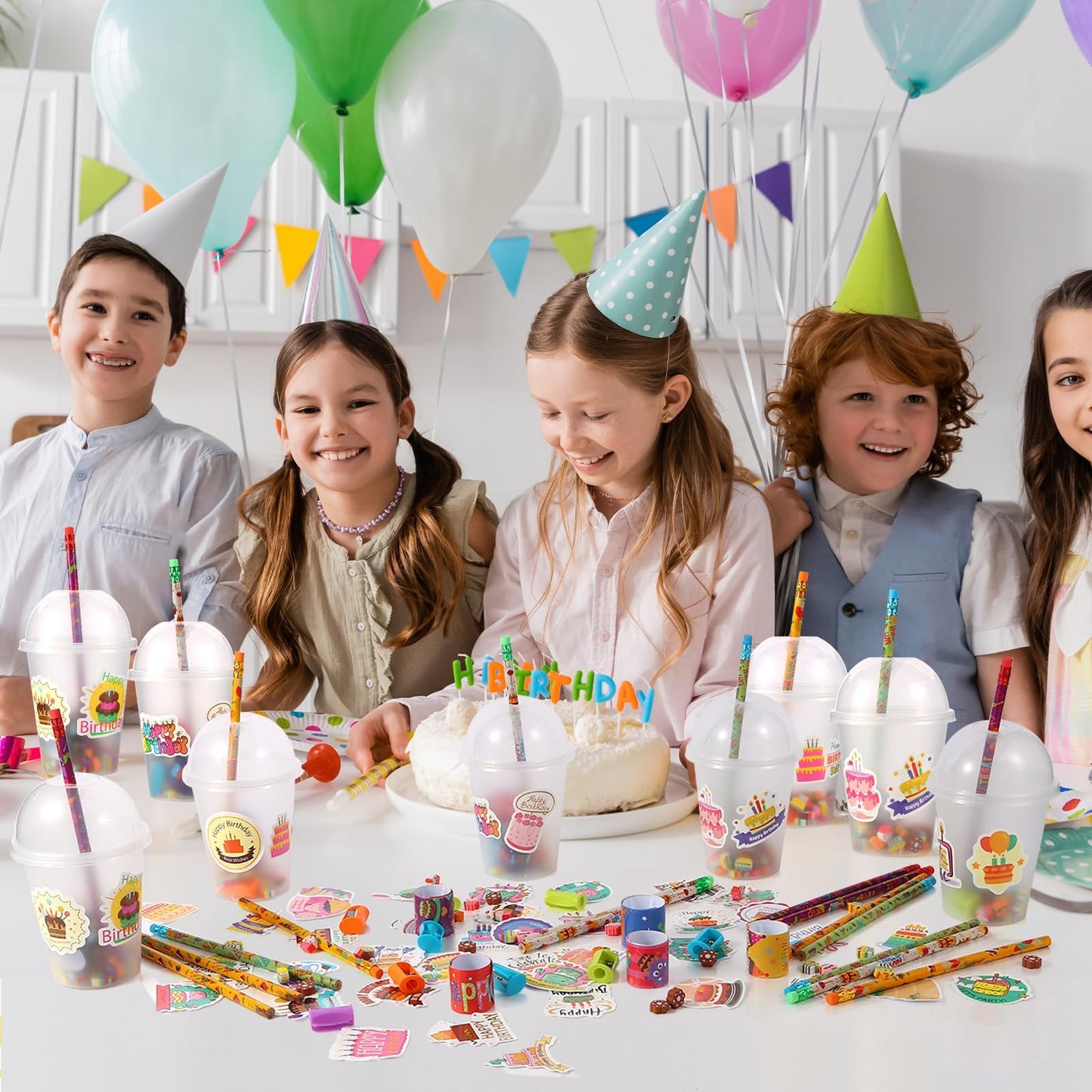 Kolewo4ever 460 Pieces Happy Birthday Party Favors Return Gifts for Birthday Party with Pencil Sharpener Eraser Sticker Slap Bracelet Cup with Lid